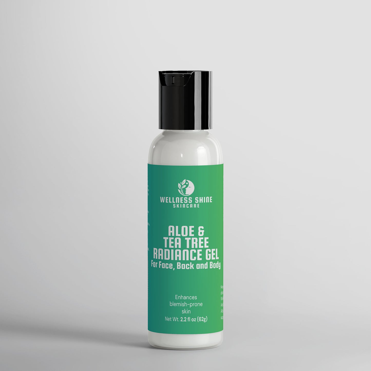 Bottle of Wellness Shine Aloe & Tea Tree Radiance Gel on a gray background
