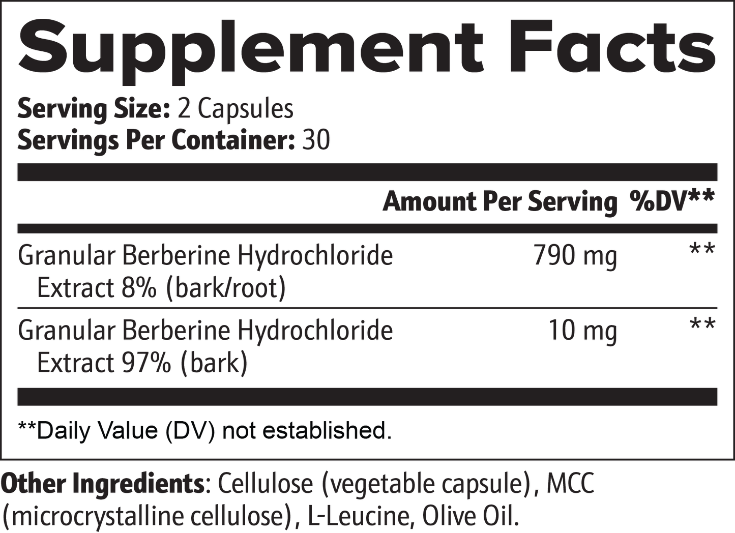 Supplement facts label for Granular Berberine Hydrochloride with serving size, servings per container, and ingredient list.
