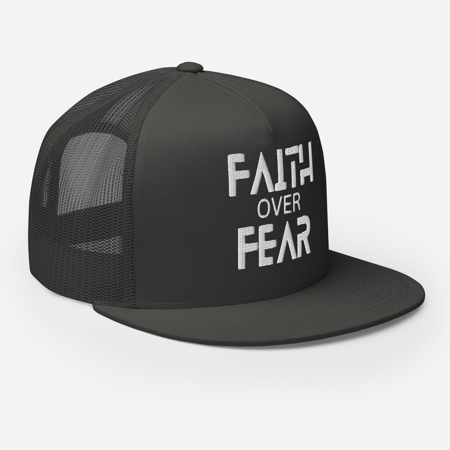 "Faith Over Fear" Christian Hat, Bible Verse Hat, Yupoong 6006 Trucker Cap - Wellness Shine