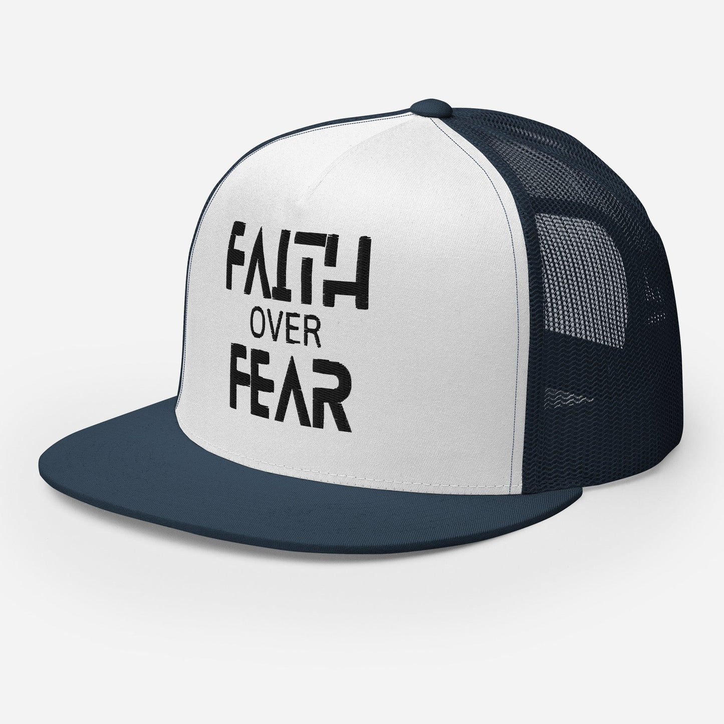 "Faith Over Fear" Christian Hat, Bible Verse Hat, Yupoong 6006 Trucker Cap - Wellness Shine