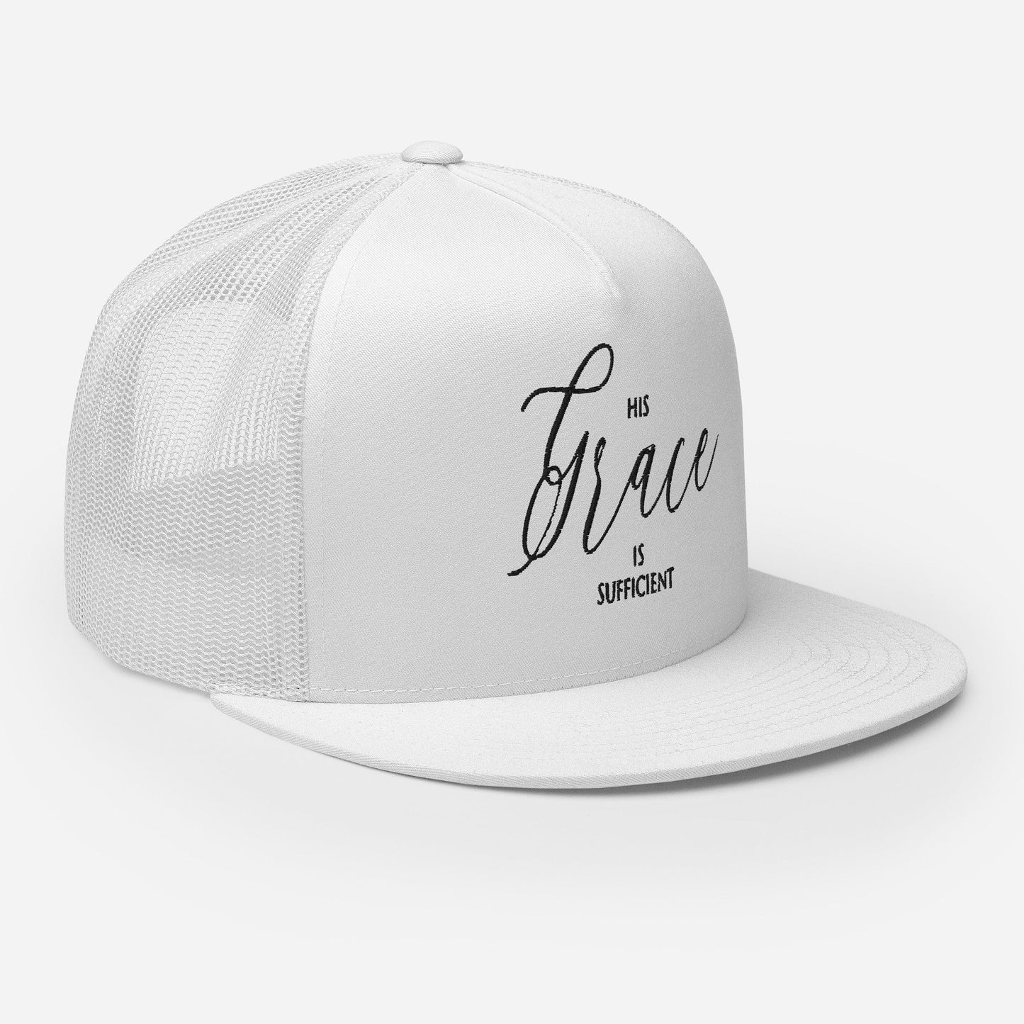 "His Grace Is Sufficient" Christian Hat, Bible Verse Hat, Yupoong 6006 Trucker Cap - Wellness Shine
