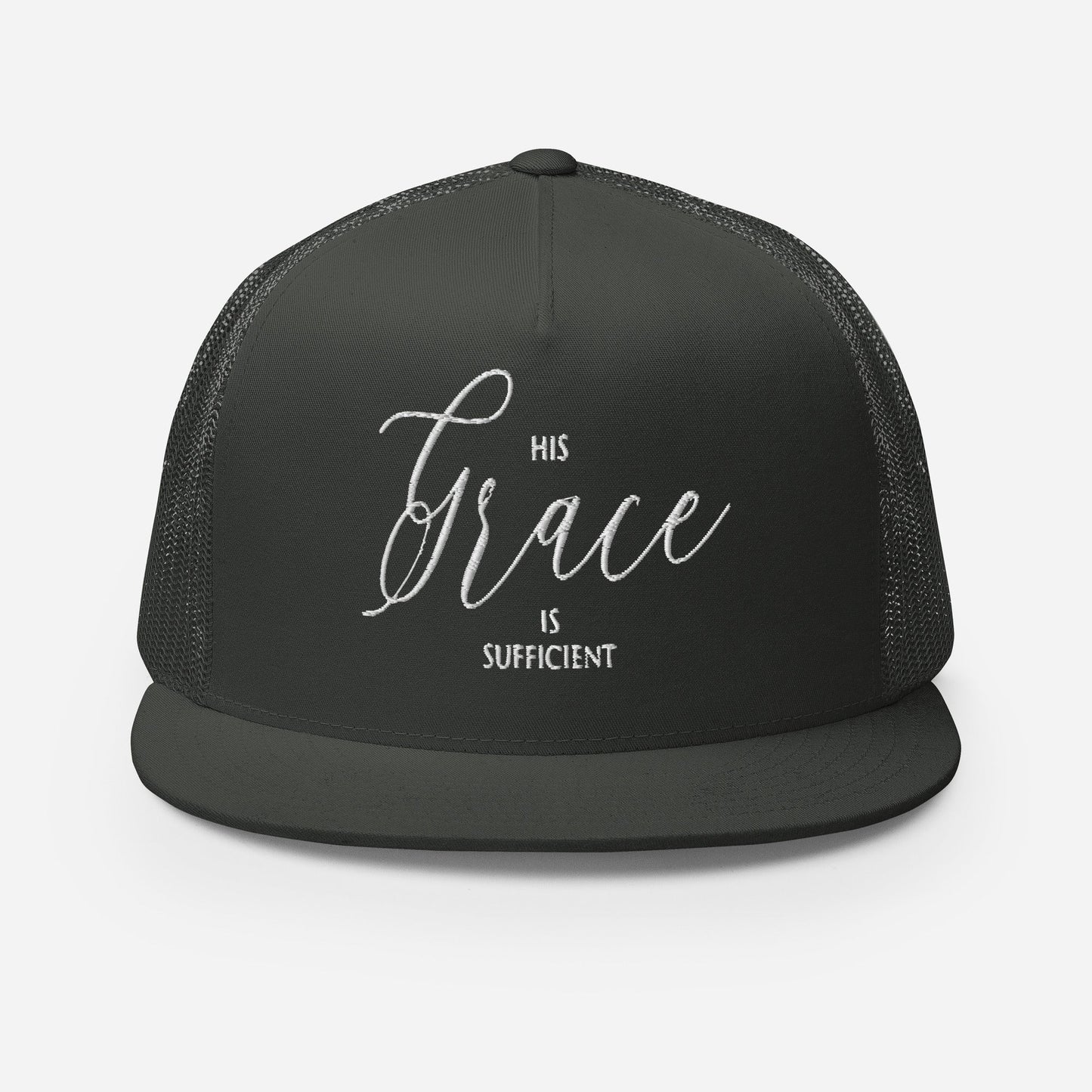 "His Grace Is Sufficient" Christian Hat, Bible Verse Hat, Yupoong 6006 Trucker Cap - Wellness Shine