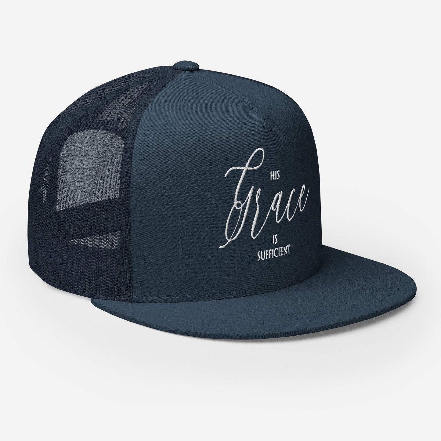 "His Grace Is Sufficient" Christian Hat, Bible Verse Hat, Yupoong 6006 Trucker Cap - Wellness Shine