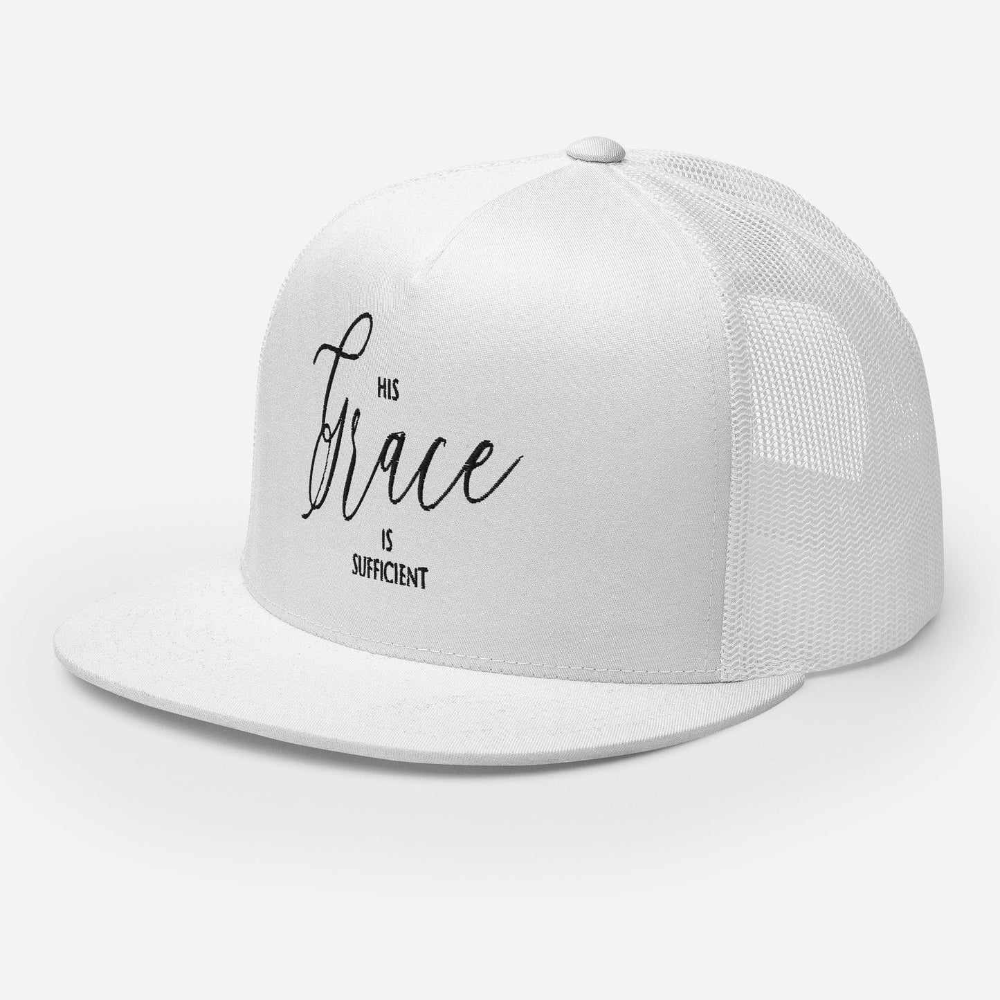 "His Grace Is Sufficient" Christian Hat, Bible Verse Hat, Yupoong 6006 Trucker Cap - Wellness Shine