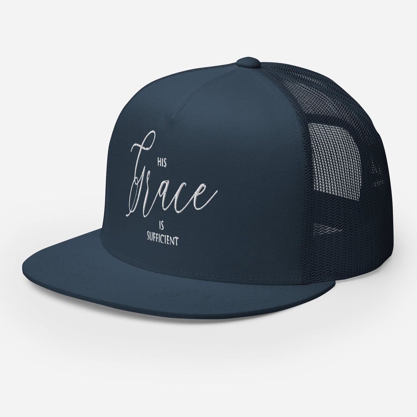"His Grace Is Sufficient" Christian Hat, Bible Verse Hat, Yupoong 6006 Trucker Cap - Wellness Shine