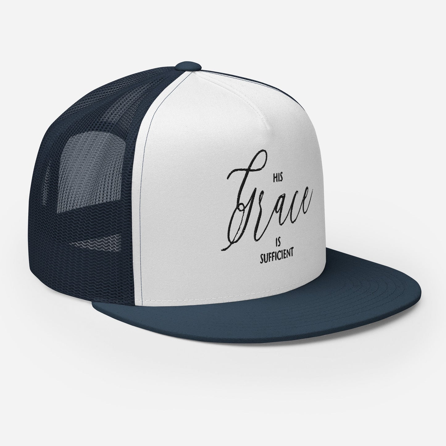 "His Grace Is Sufficient" Christian Hat, Bible Verse Hat, Yupoong 6006 Trucker Cap - Wellness Shine