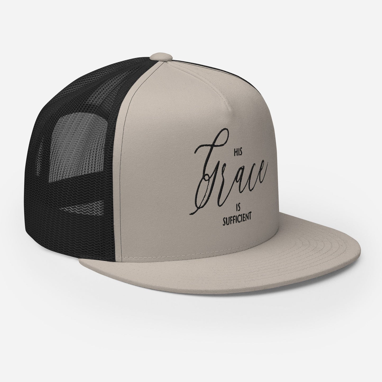 "His Grace Is Sufficient" Christian Hat, Bible Verse Hat, Yupoong 6006 Trucker Cap - Wellness Shine