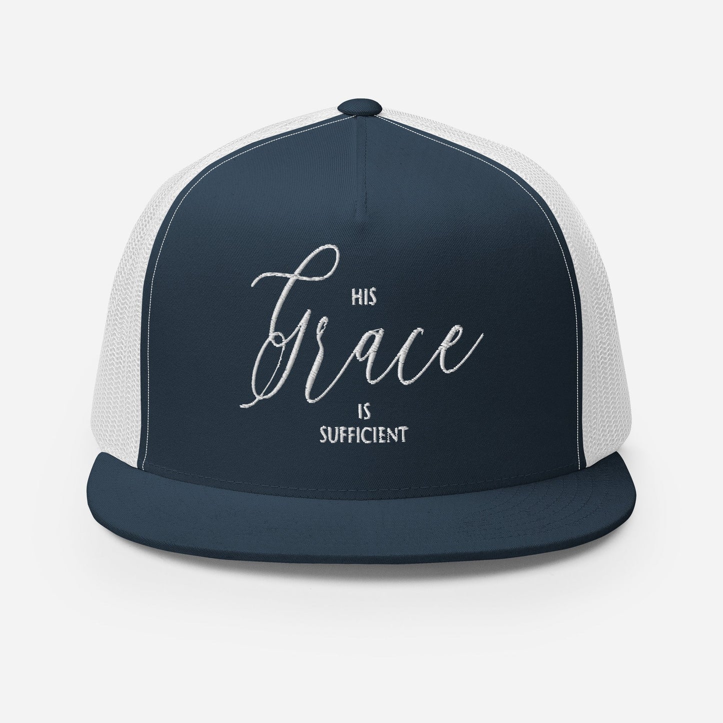 "His Grace Is Sufficient" Christian Hat, Bible Verse Hat, Yupoong 6006 Trucker Cap - Wellness Shine
