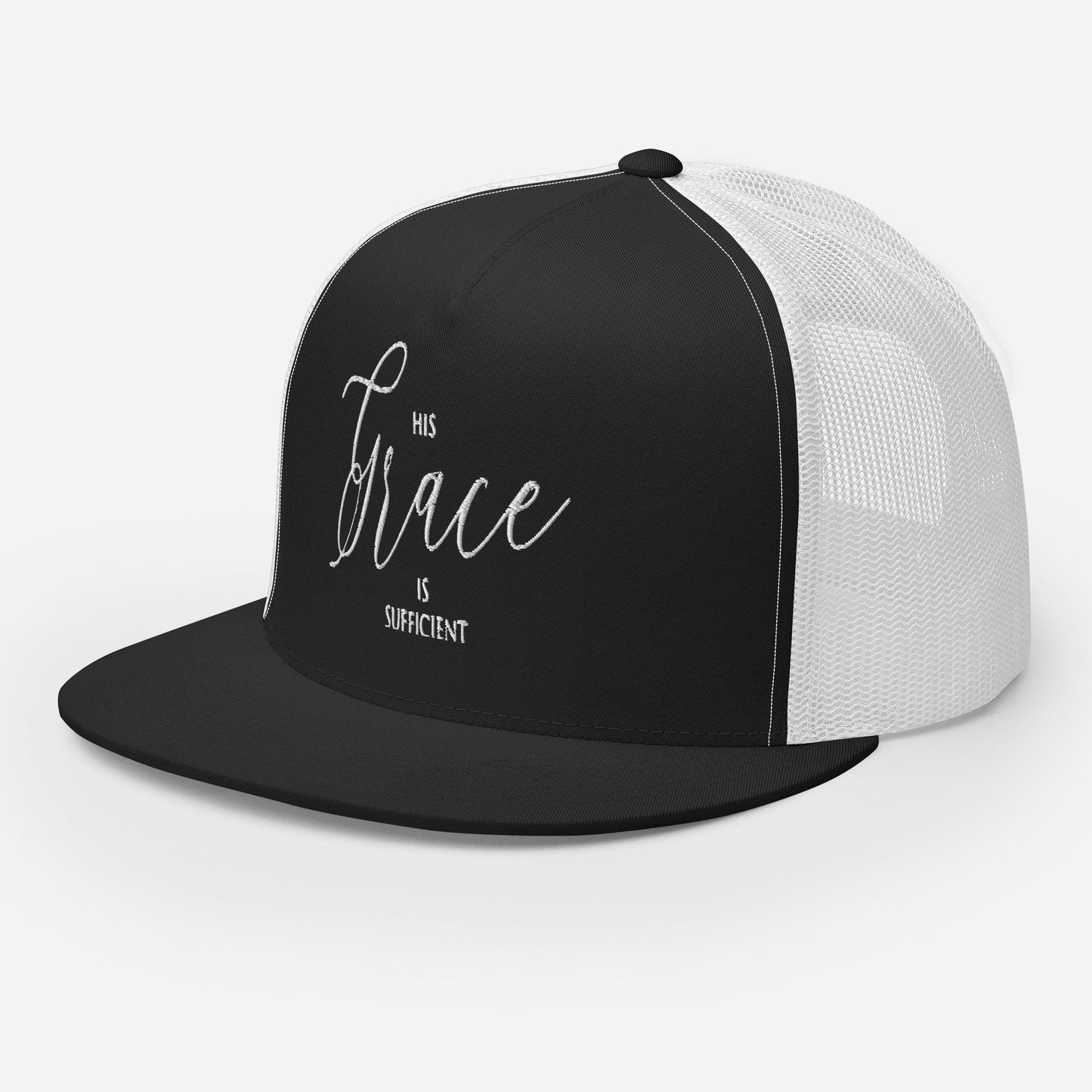 "His Grace Is Sufficient" Christian Hat, Bible Verse Hat, Yupoong 6006 Trucker Cap - Wellness Shine