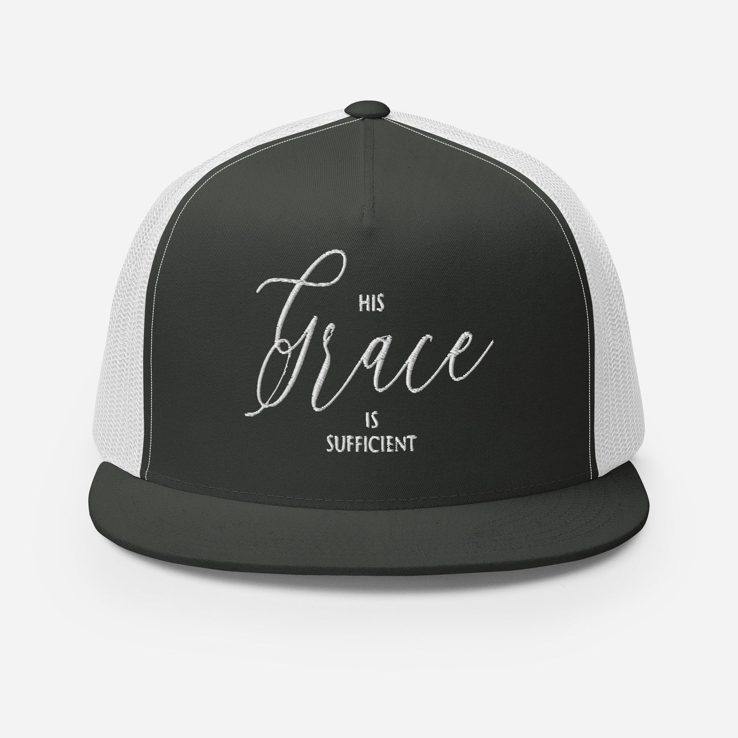 "His Grace Is Sufficient" Christian Hat, Bible Verse Hat, Yupoong 6006 Trucker Cap - Wellness Shine