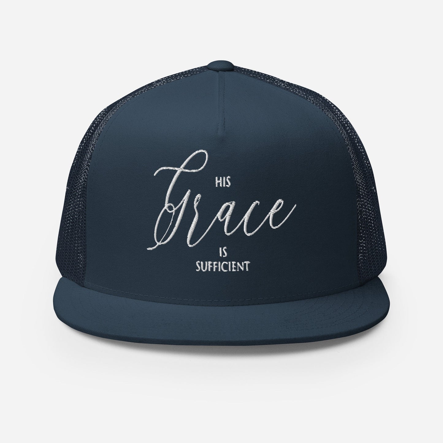 "His Grace Is Sufficient" Christian Hat, Bible Verse Hat, Yupoong 6006 Trucker Cap - Wellness Shine