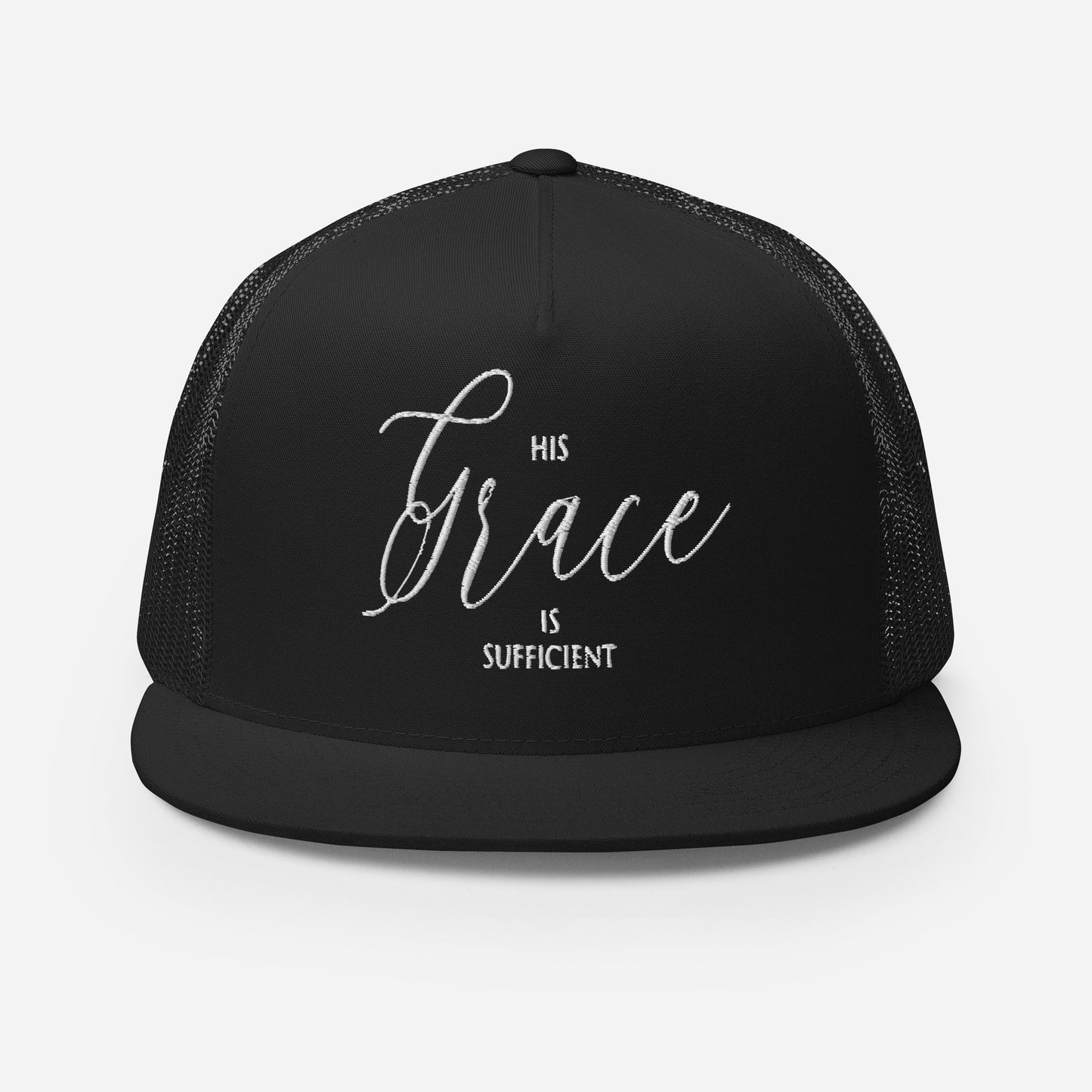 "His Grace Is Sufficient" Christian Hat, Bible Verse Hat, Yupoong 6006 Trucker Cap - Wellness Shine