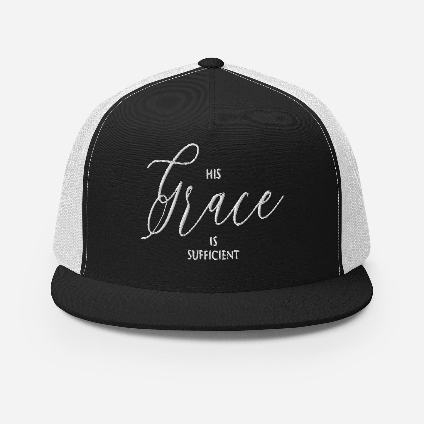 "His Grace Is Sufficient" Christian Hat, Bible Verse Hat, Yupoong 6006 Trucker Cap - Wellness Shine