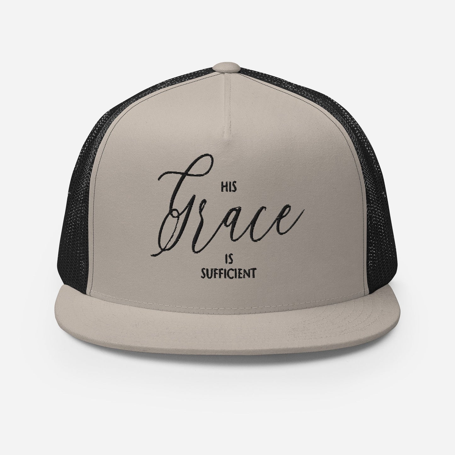 "His Grace Is Sufficient" Christian Hat, Bible Verse Hat, Yupoong 6006 Trucker Cap - Wellness Shine