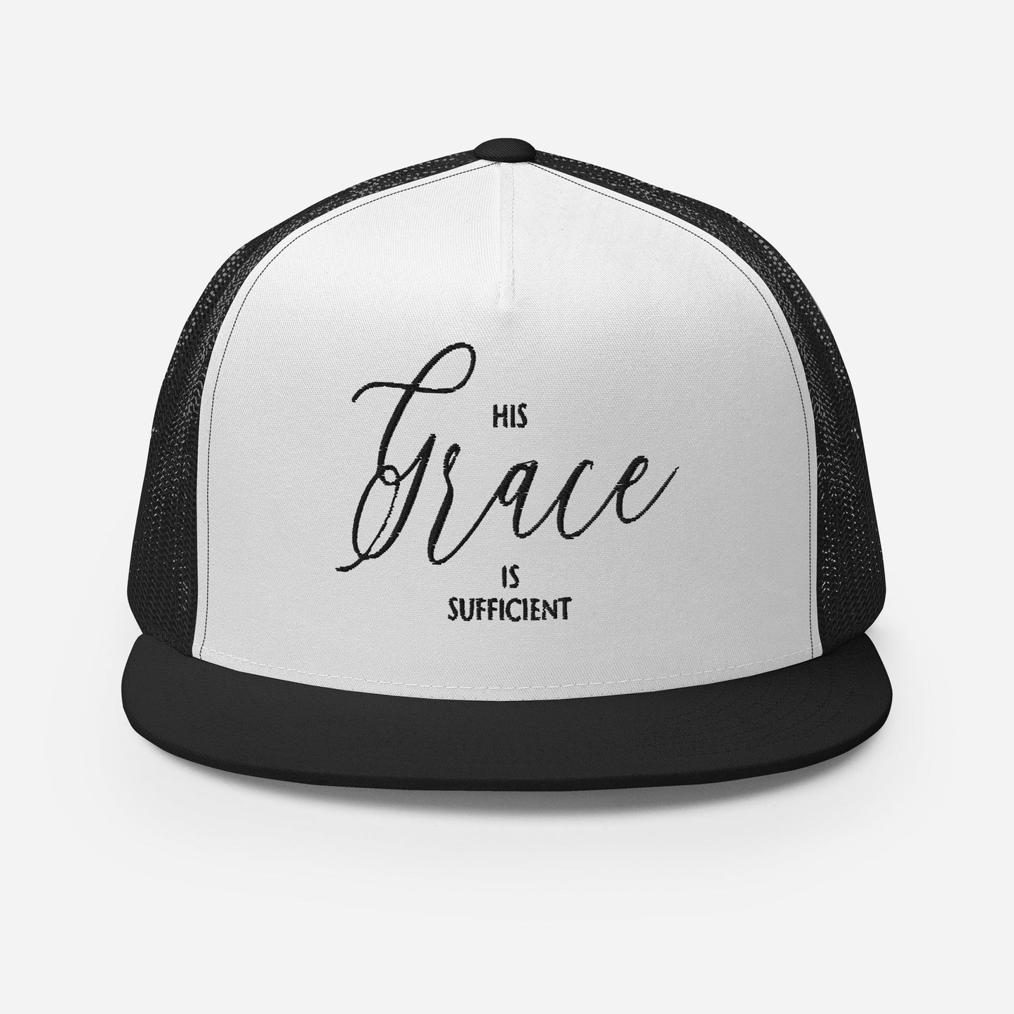 "His Grace Is Sufficient" Christian Hat, Bible Verse Hat, Yupoong 6006 Trucker Cap - Wellness Shine