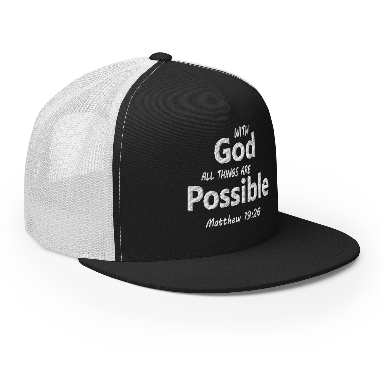 "With God All Things Are Possible" Christian Hat, Bible Verse Hat, Yupoong 6006 Trucker Cap - Wellness Shine