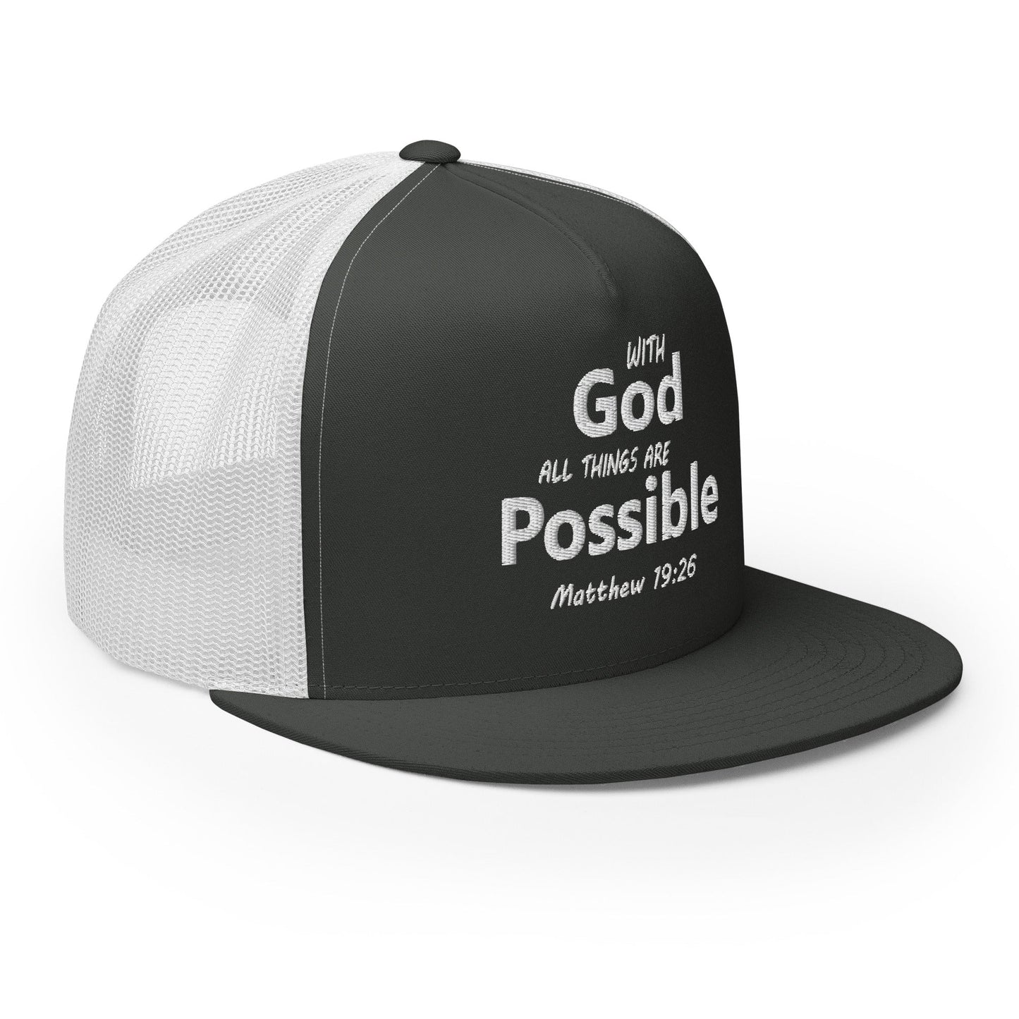 "With God All Things Are Possible" Christian Hat, Bible Verse Hat, Yupoong 6006 Trucker Cap - Wellness Shine