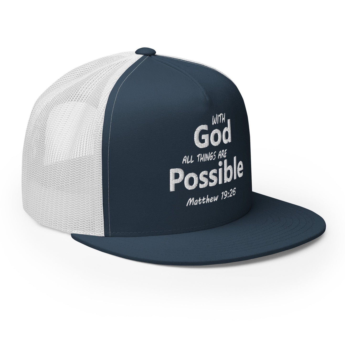 "With God All Things Are Possible" Christian Hat, Bible Verse Hat, Yupoong 6006 Trucker Cap - Wellness Shine