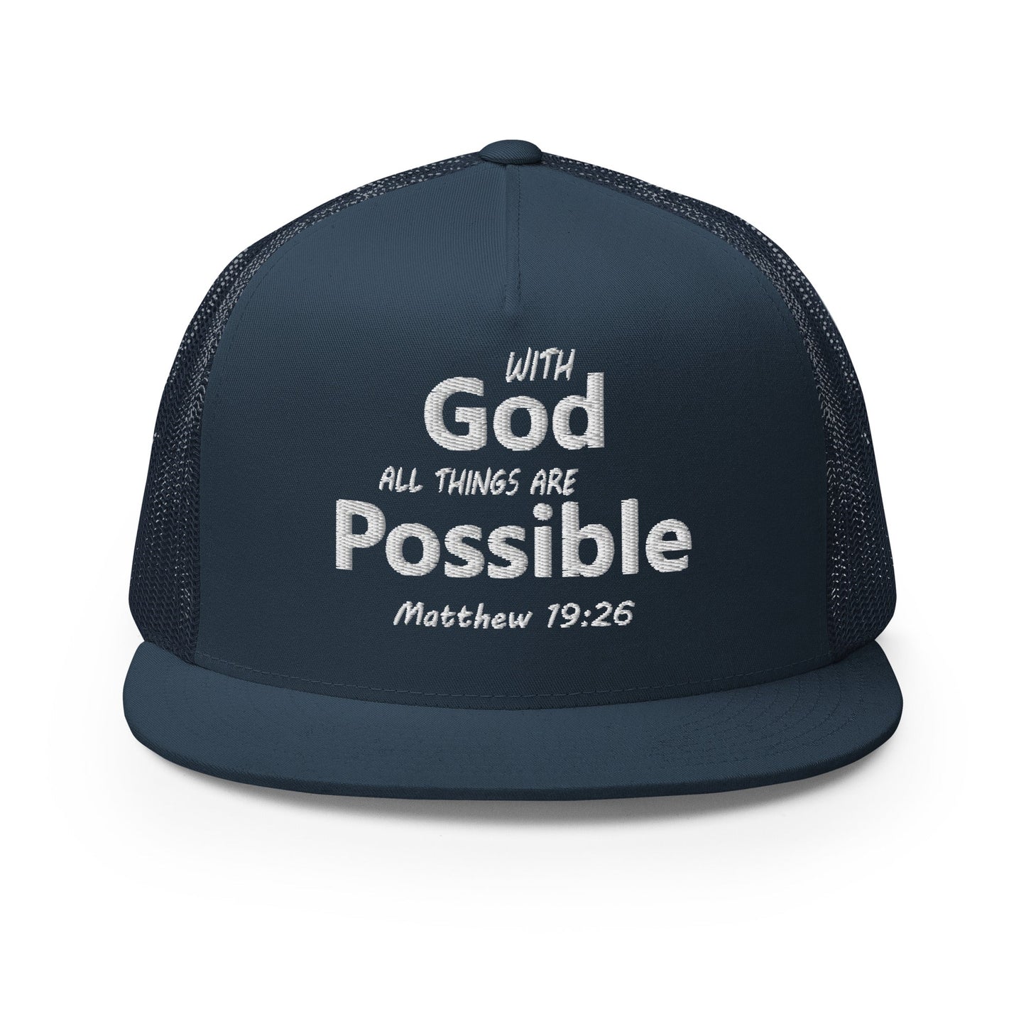 "With God All Things Are Possible" Christian Hat, Bible Verse Hat, Yupoong 6006 Trucker Cap - Wellness Shine