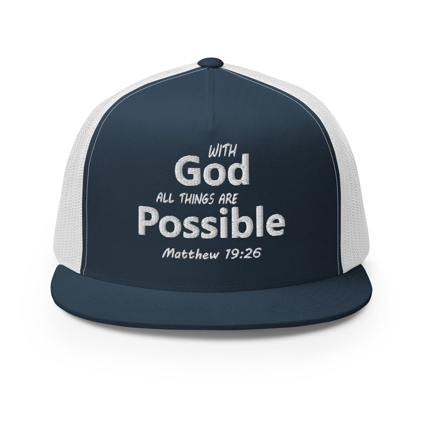 "With God All Things Are Possible" Christian Hat, Bible Verse Hat, Yupoong 6006 Trucker Cap - Wellness Shine