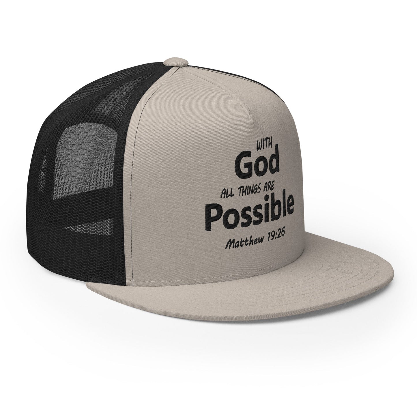 "With God All Things Are Possible" Christian Hat, Bible Verse Hat, Yupoong 6006 Trucker Cap - Wellness Shine