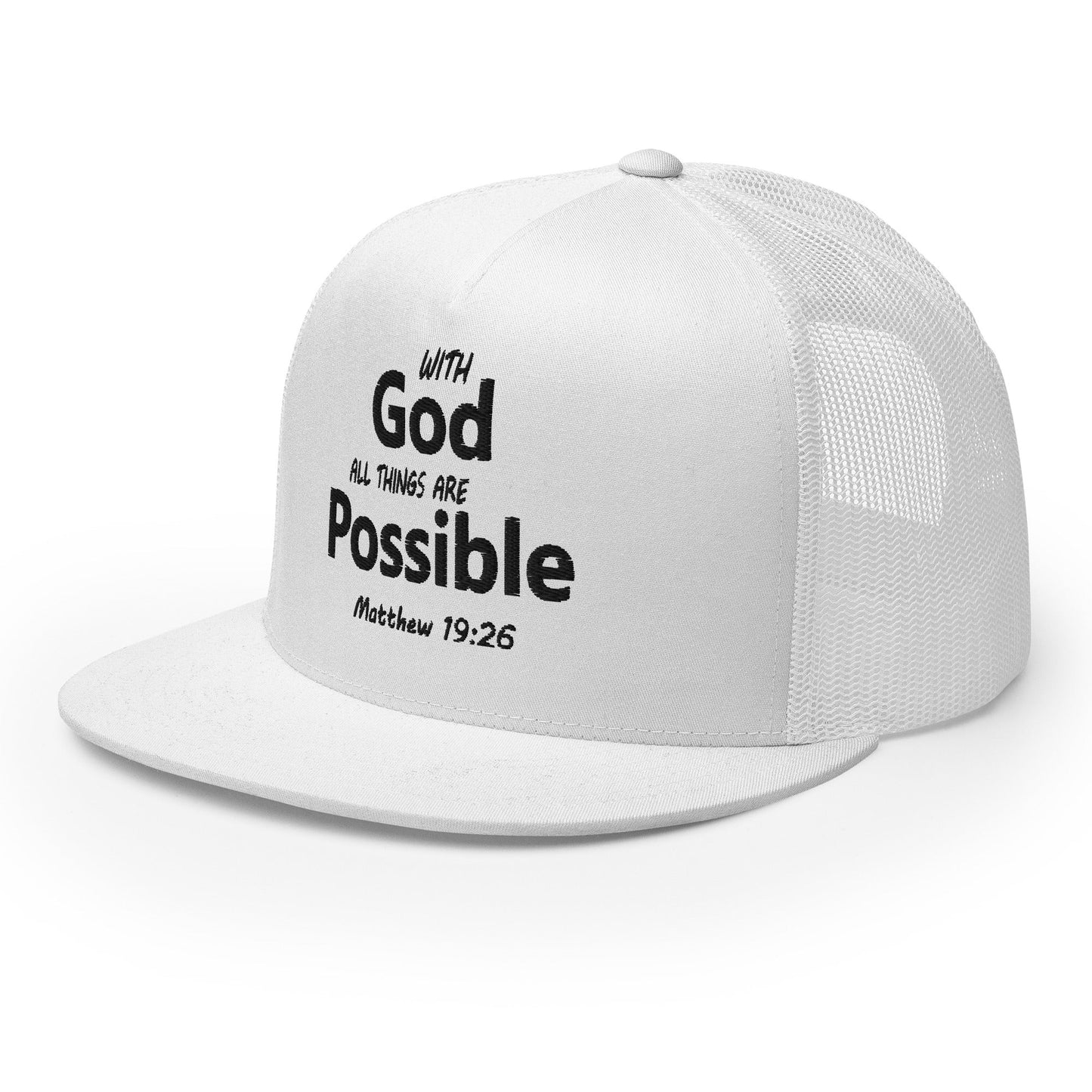 "With God All Things Are Possible" Christian Hat, Bible Verse Hat, Yupoong 6006 Trucker Cap - Wellness Shine