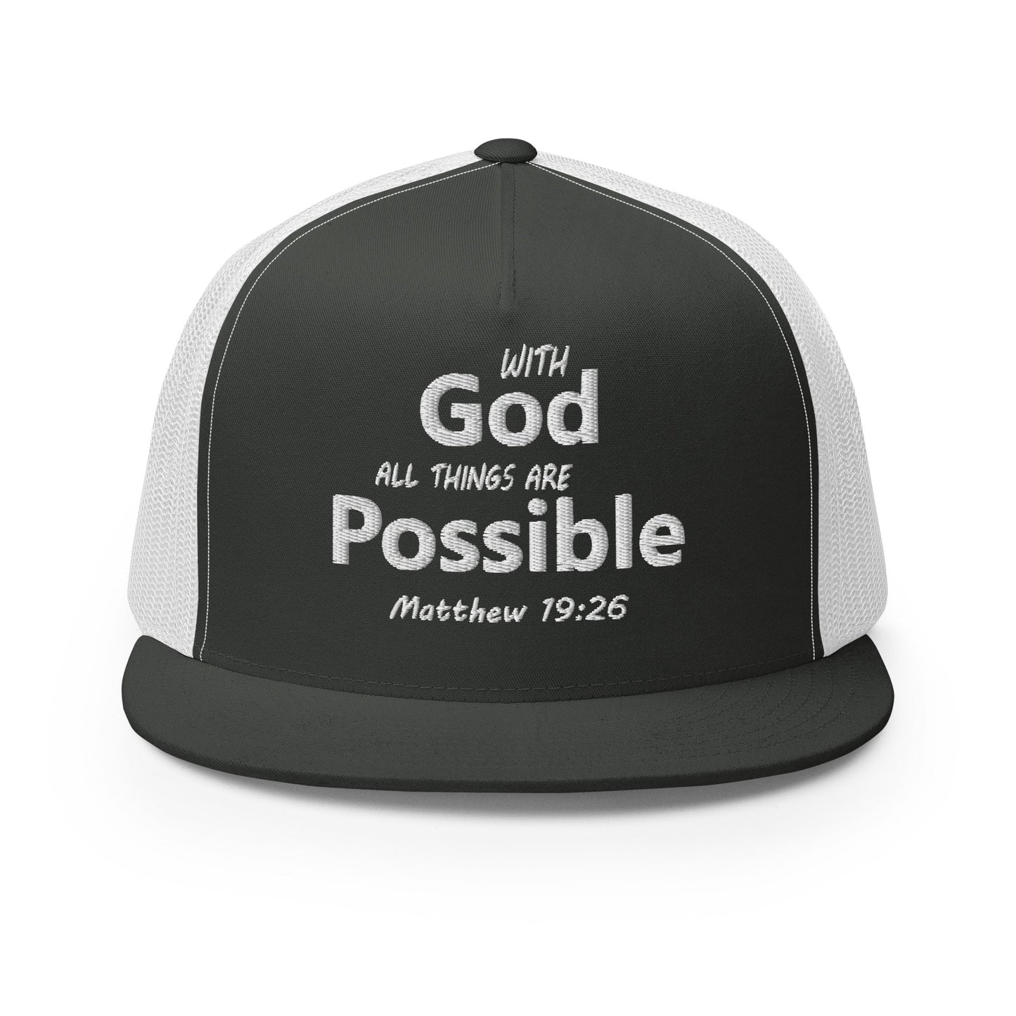 "With God All Things Are Possible" Christian Hat, Bible Verse Hat, Yupoong 6006 Trucker Cap - Wellness Shine