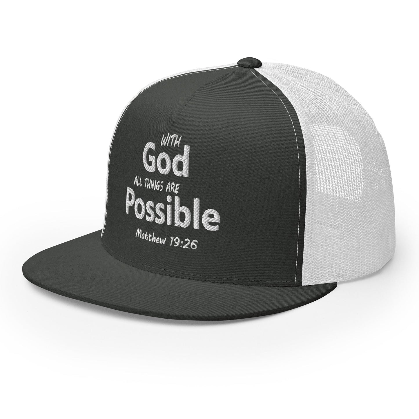 "With God All Things Are Possible" Christian Hat, Bible Verse Hat, Yupoong 6006 Trucker Cap - Wellness Shine