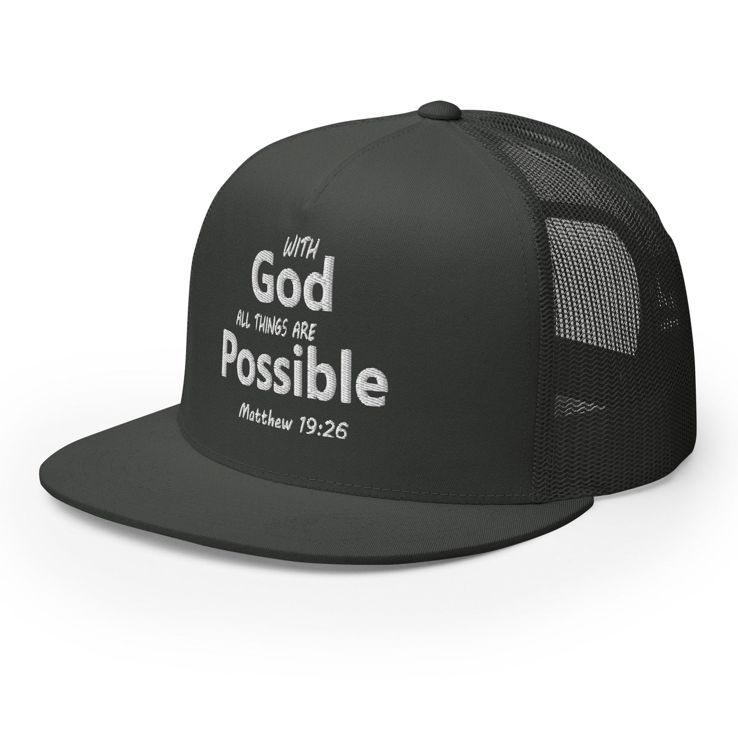 "With God All Things Are Possible" Christian Hat, Bible Verse Hat, Yupoong 6006 Trucker Cap - Wellness Shine