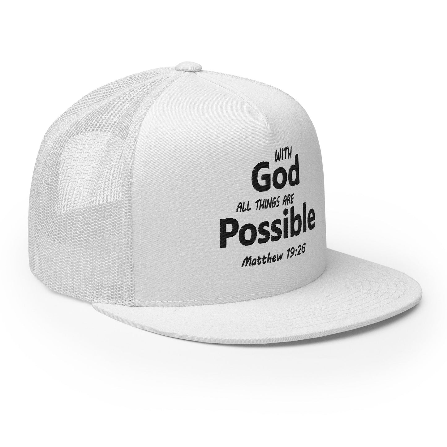 "With God All Things Are Possible" Christian Hat, Bible Verse Hat, Yupoong 6006 Trucker Cap - Wellness Shine