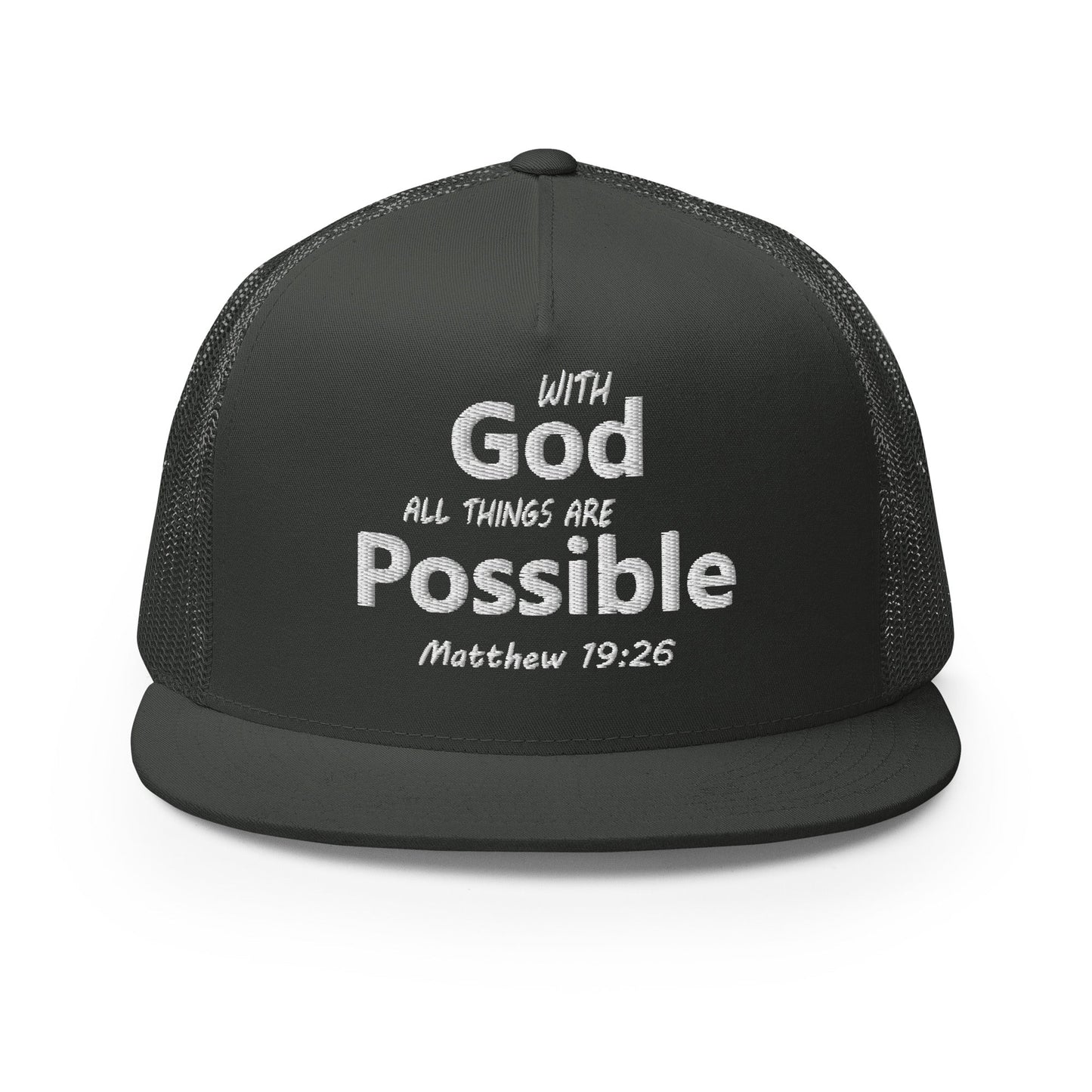 "With God All Things Are Possible" Christian Hat, Bible Verse Hat, Yupoong 6006 Trucker Cap - Wellness Shine
