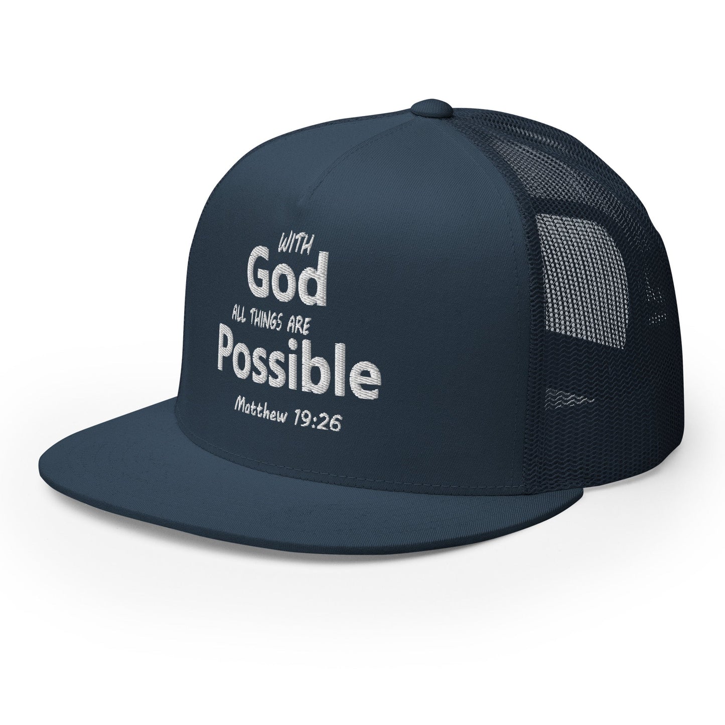 "With God All Things Are Possible" Christian Hat, Bible Verse Hat, Yupoong 6006 Trucker Cap - Wellness Shine