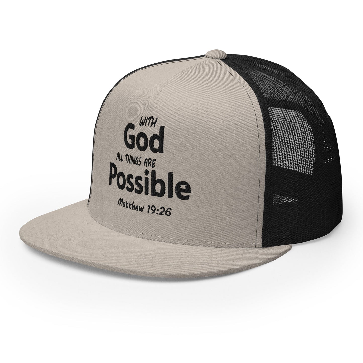 "With God All Things Are Possible" Christian Hat, Bible Verse Hat, Yupoong 6006 Trucker Cap - Wellness Shine