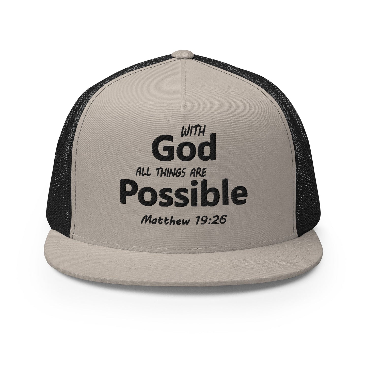 "With God All Things Are Possible" Christian Hat, Bible Verse Hat, Yupoong 6006 Trucker Cap - Wellness Shine