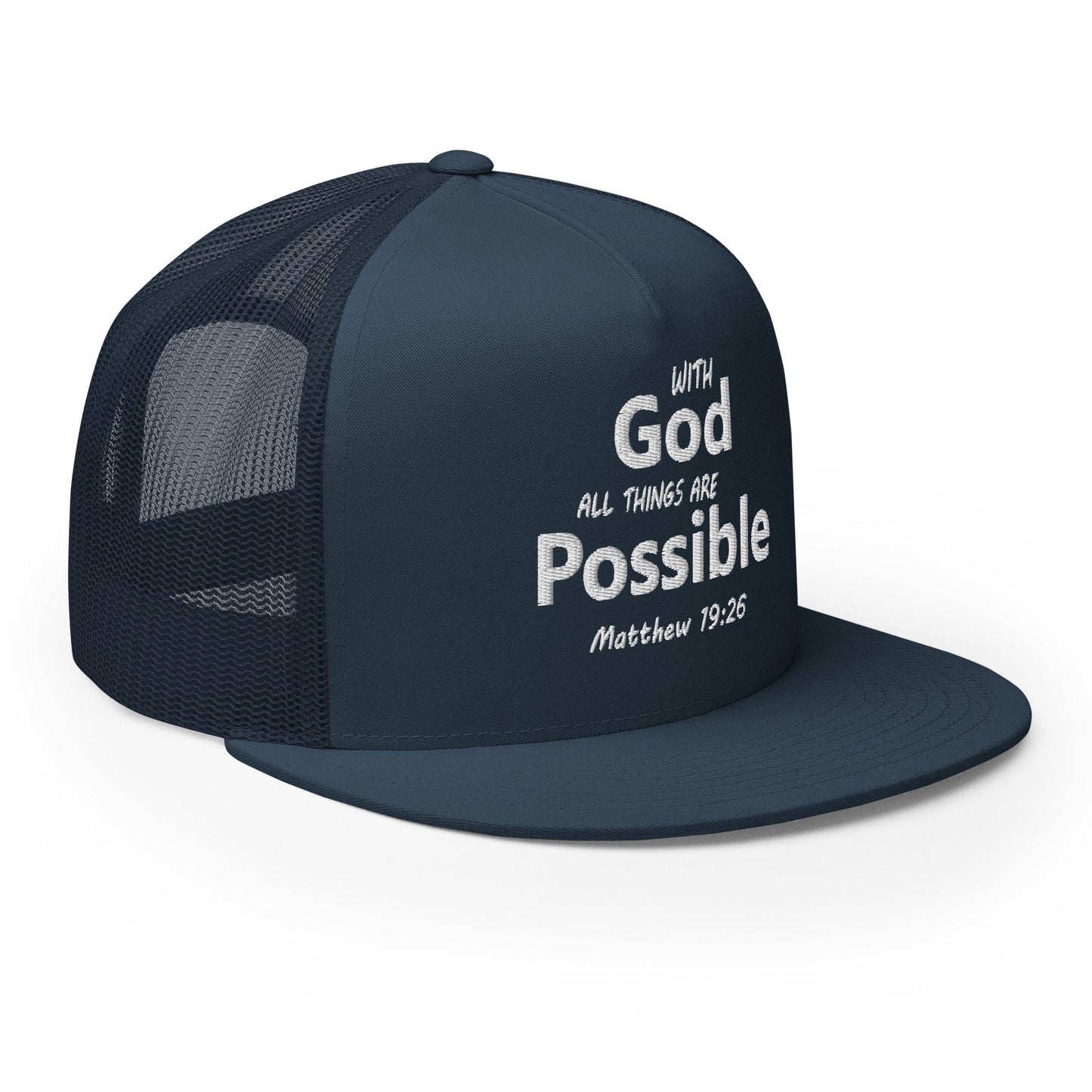"With God All Things Are Possible" Christian Hat, Bible Verse Hat, Yupoong 6006 Trucker Cap - Wellness Shine