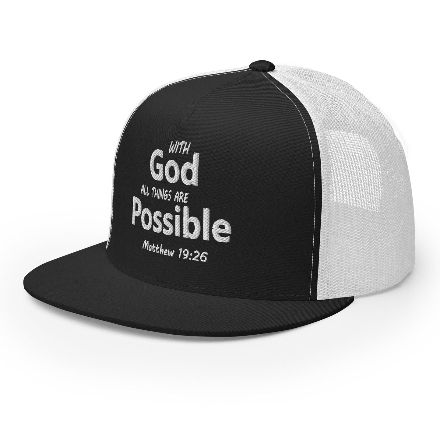 "With God All Things Are Possible" Christian Hat, Bible Verse Hat, Yupoong 6006 Trucker Cap - Wellness Shine