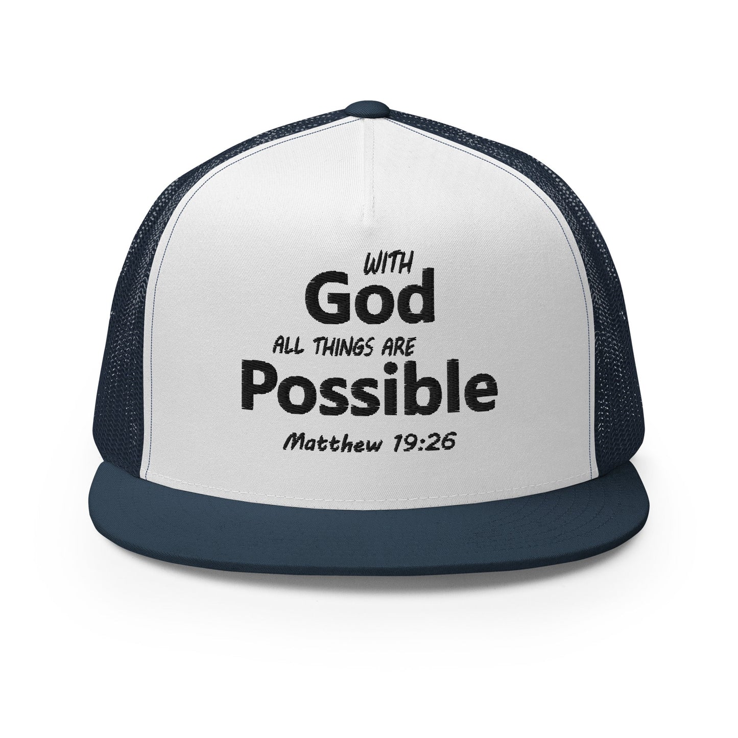 "With God All Things Are Possible" Christian Hat, Bible Verse Hat, Yupoong 6006 Trucker Cap - Wellness Shine