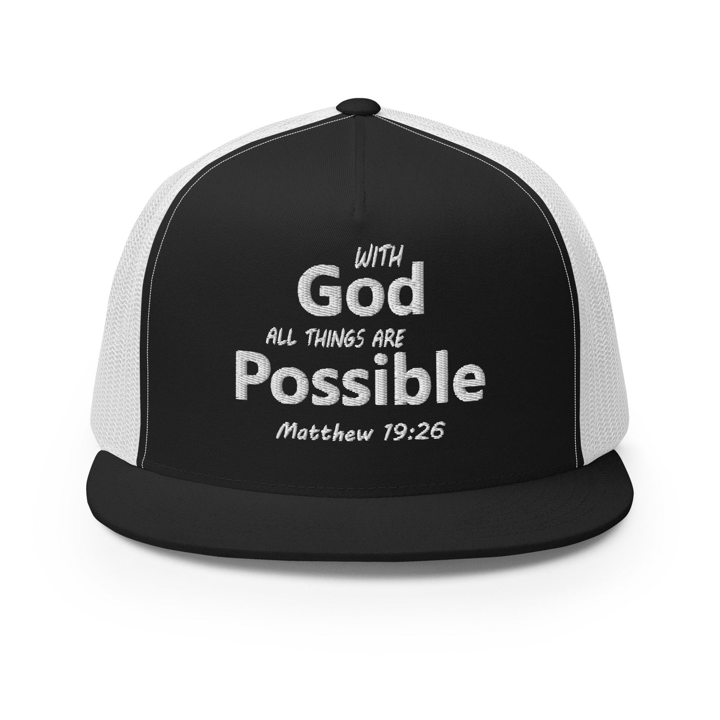"With God All Things Are Possible" Christian Hat, Bible Verse Hat, Yupoong 6006 Trucker Cap - Wellness Shine