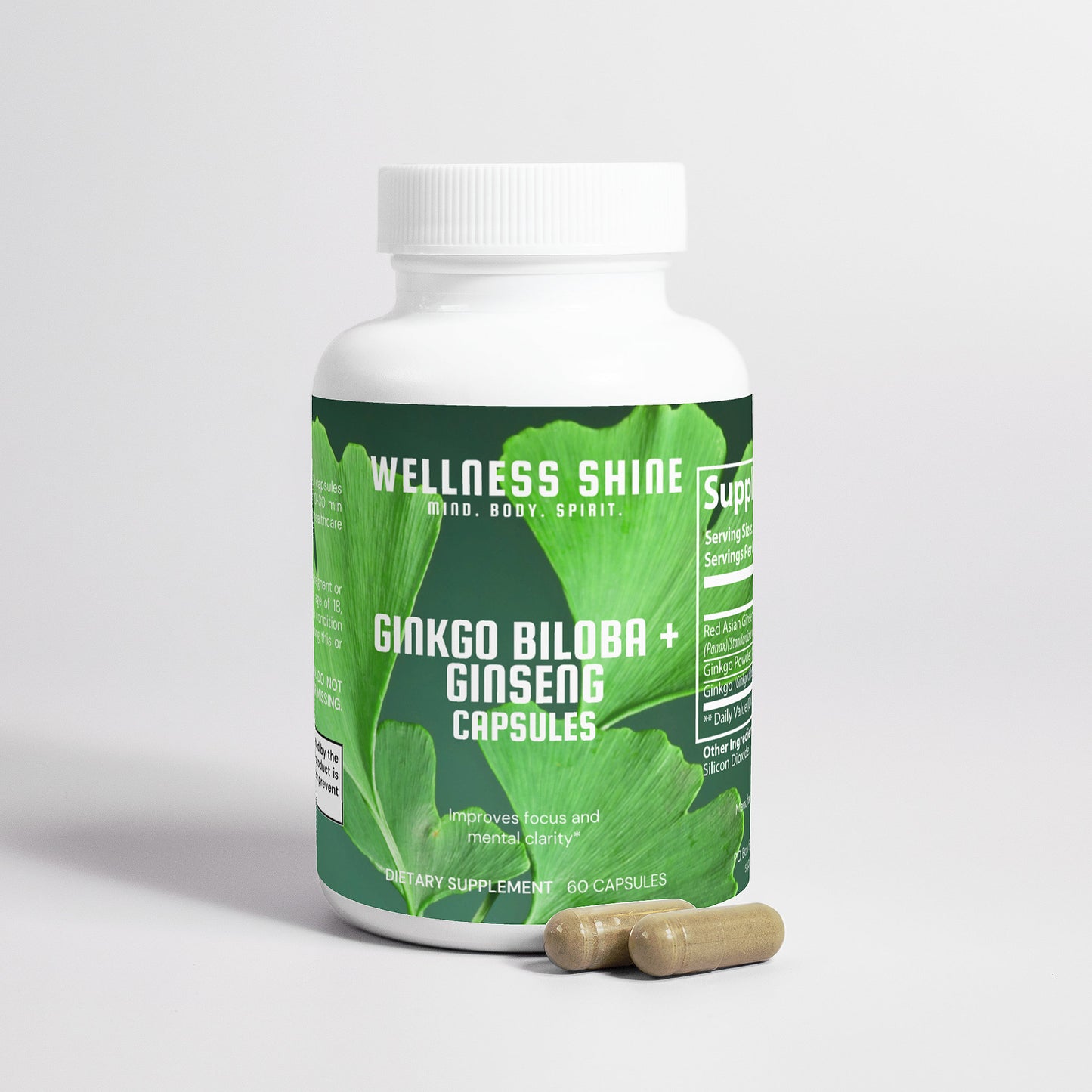 Ginkgo Biloba + Ginseng Supplement – Boost Energy, Focus & Circulation | 60 Capsules by Wellness Shine