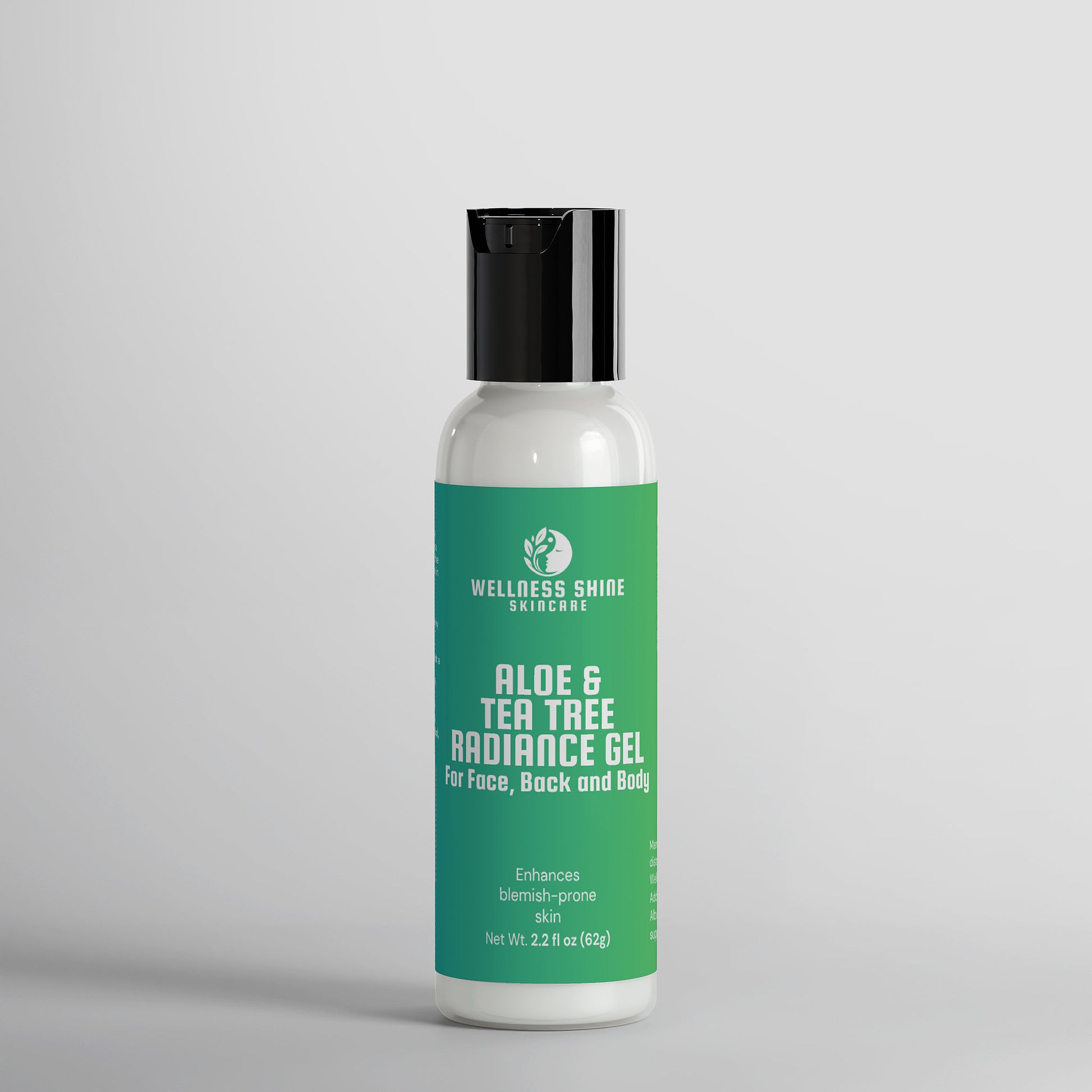 Bottle of Wellness Shine Aloe & Tea Tree Radiance Gel on a gray background