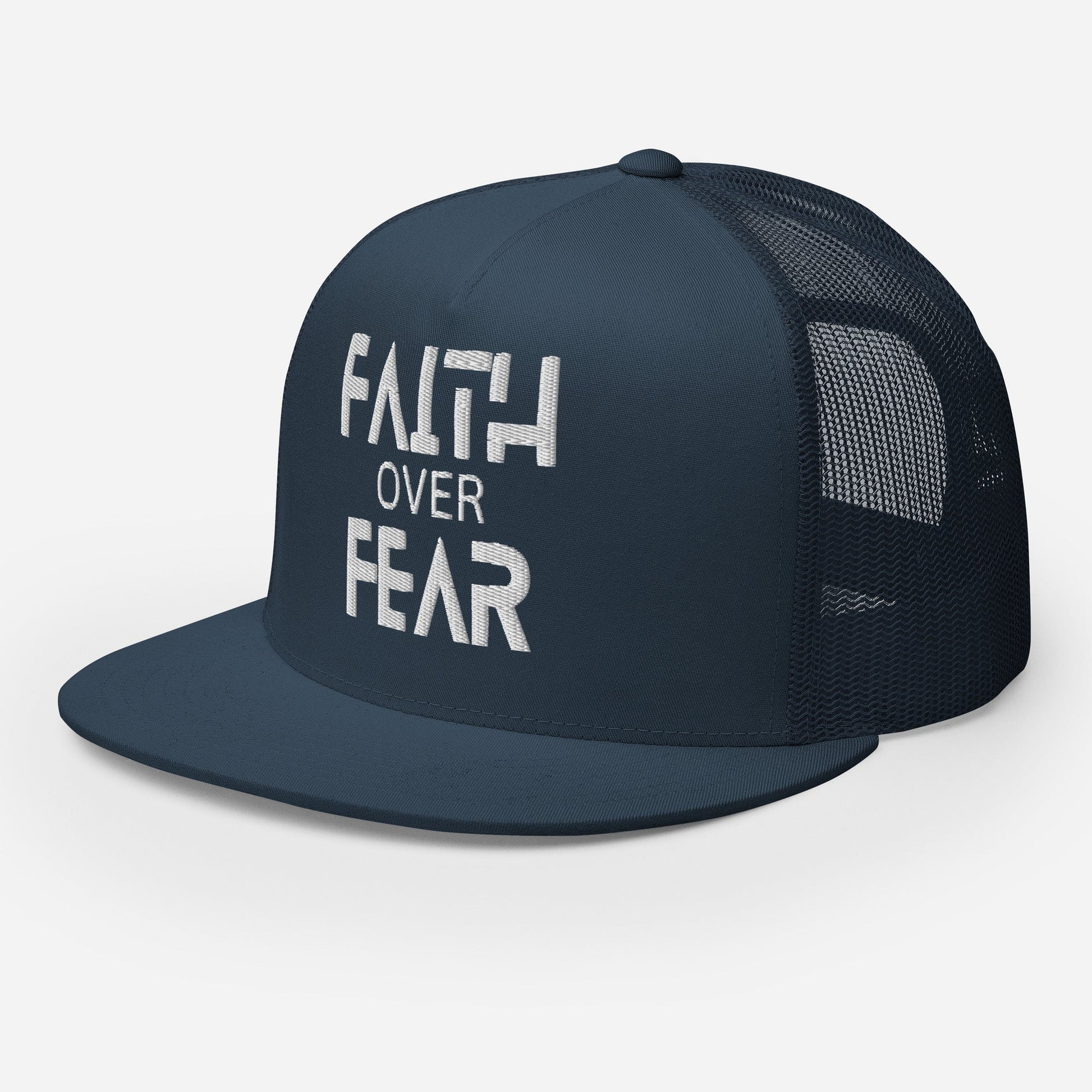 "Faith Over Fear" Christian Hat, Bible Verse Hat, Yupoong 6006 Trucker Cap - Wellness Shine