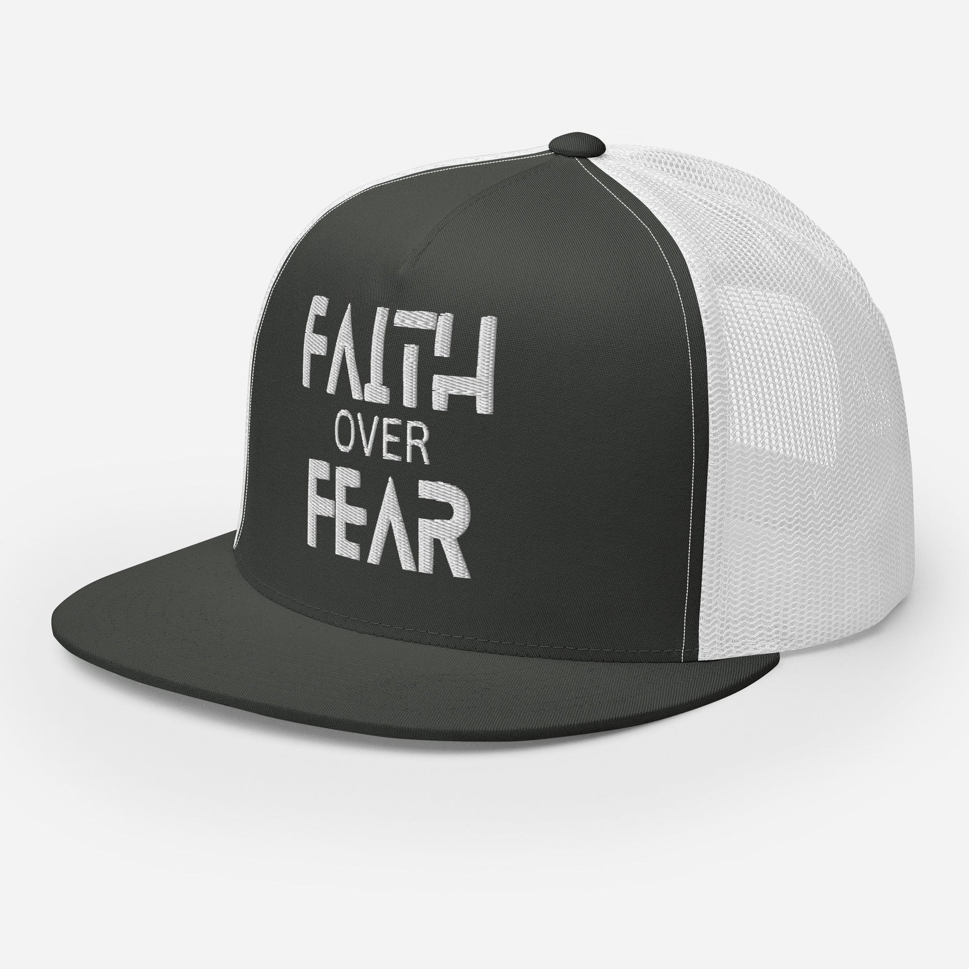 "Faith Over Fear" Christian Hat, Bible Verse Hat, Yupoong 6006 Trucker Cap - Wellness Shine