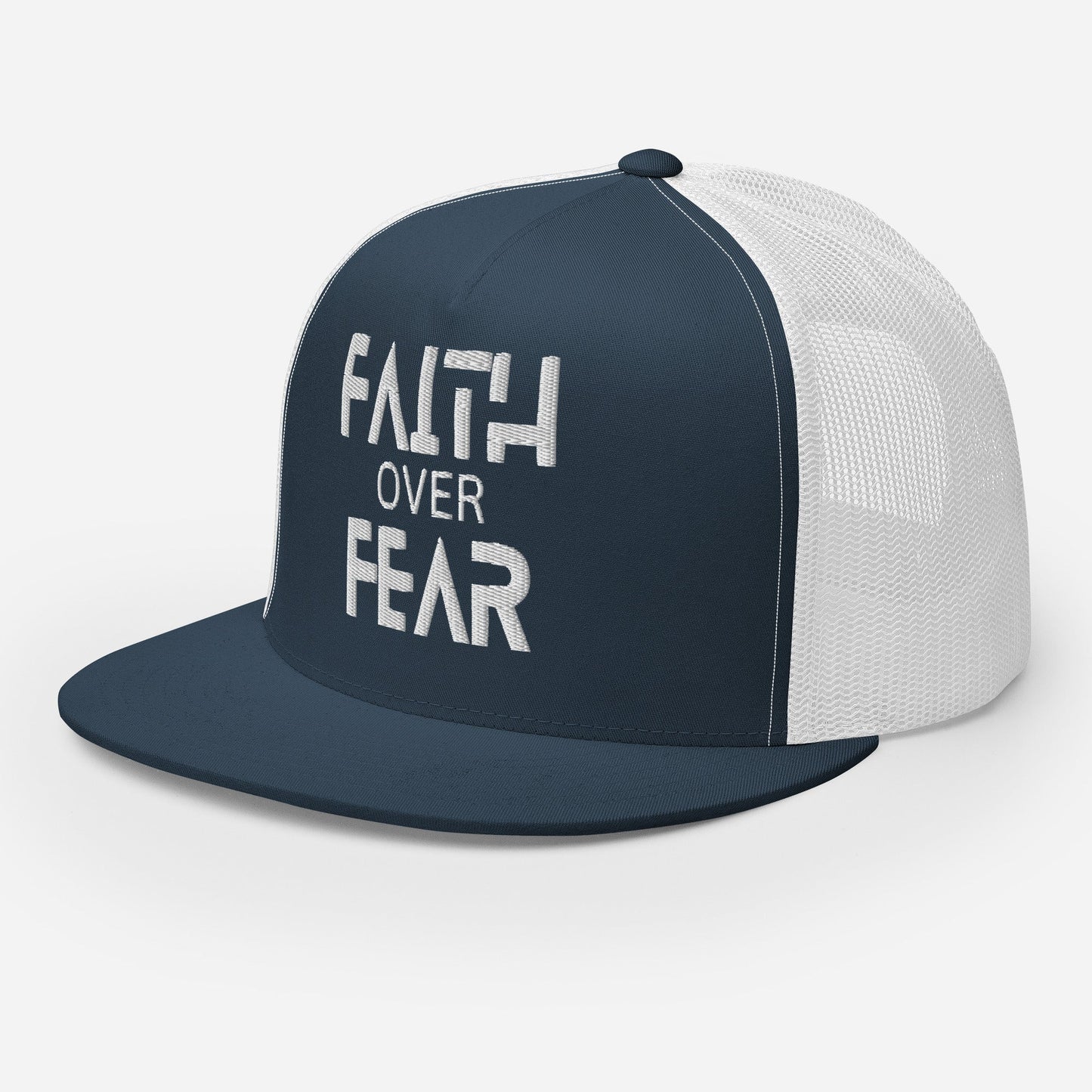 "Faith Over Fear" Christian Hat, Bible Verse Hat, Yupoong 6006 Trucker Cap - Wellness Shine