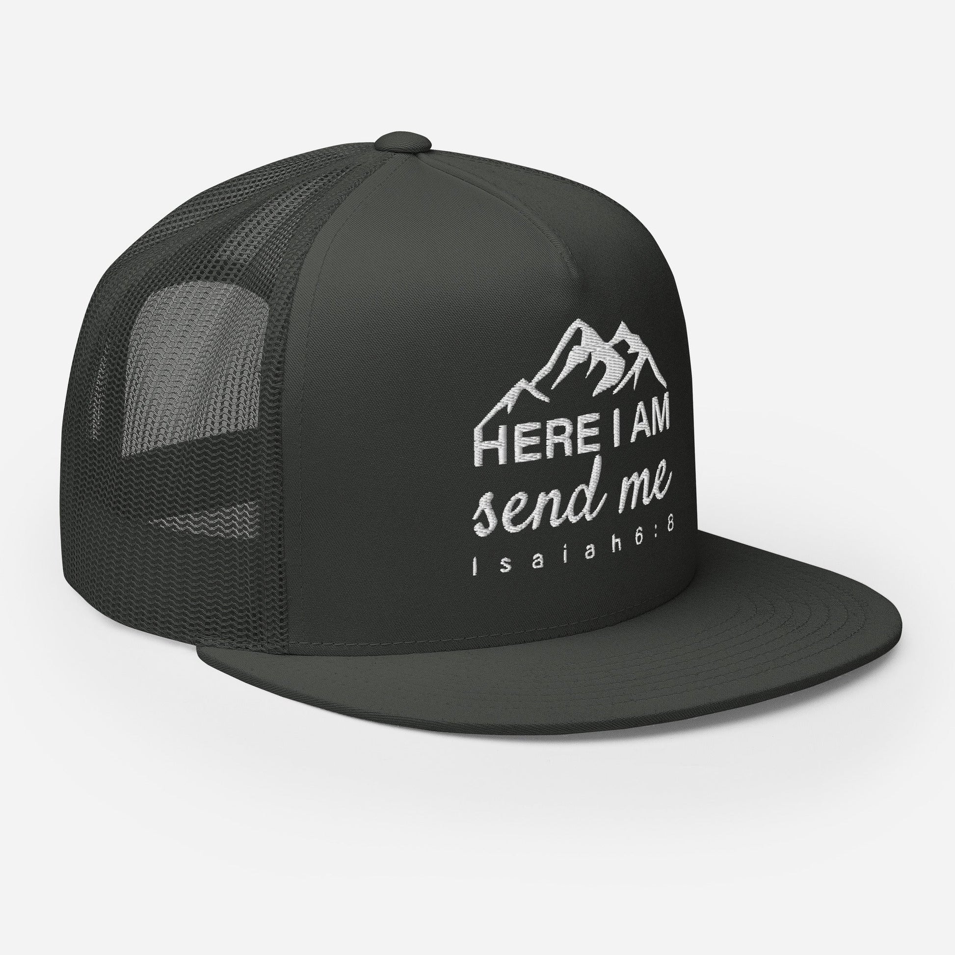 "Here I Am Send Me" Christian Hat, Bible Verse Hat, Yupoong 6006 Trucker Cap - Wellness Shine