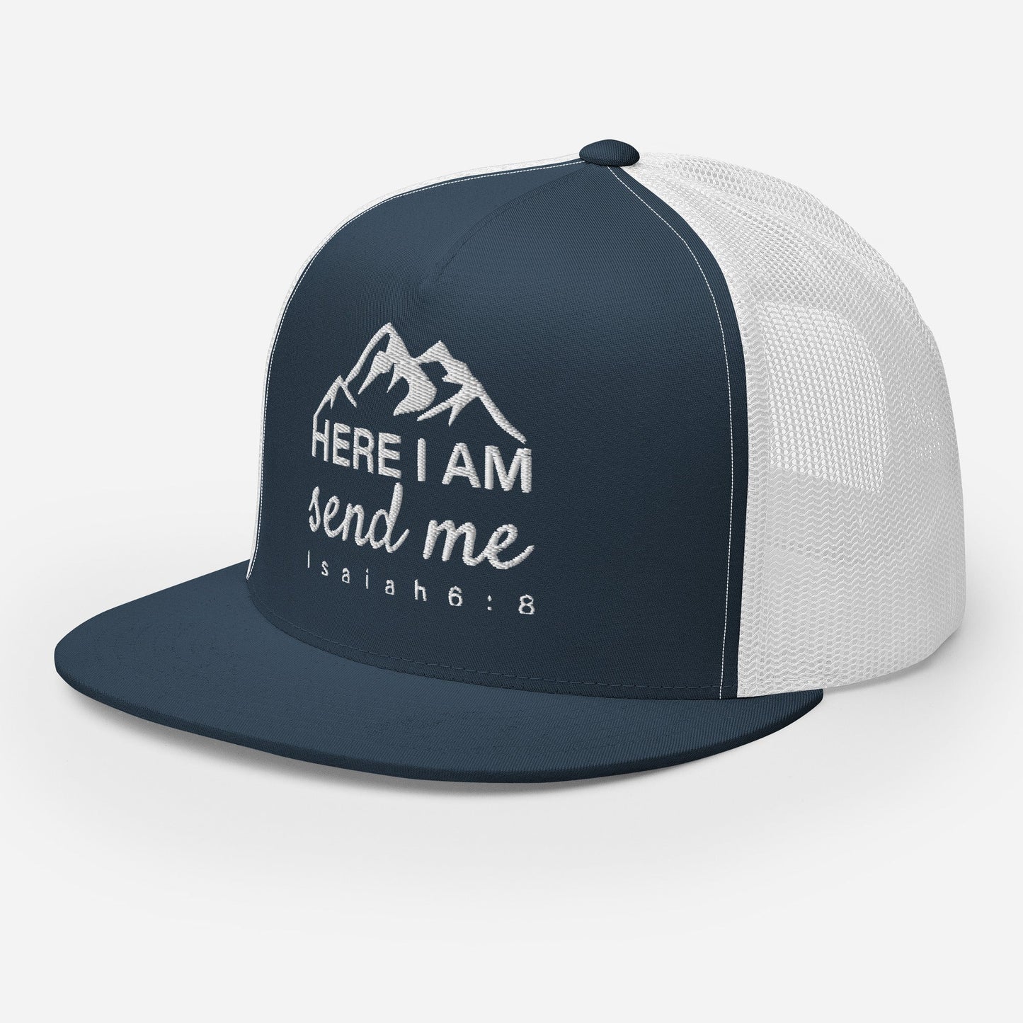 "Here I Am Send Me" Christian Hat, Bible Verse Hat, Yupoong 6006 Trucker Cap - Wellness Shine