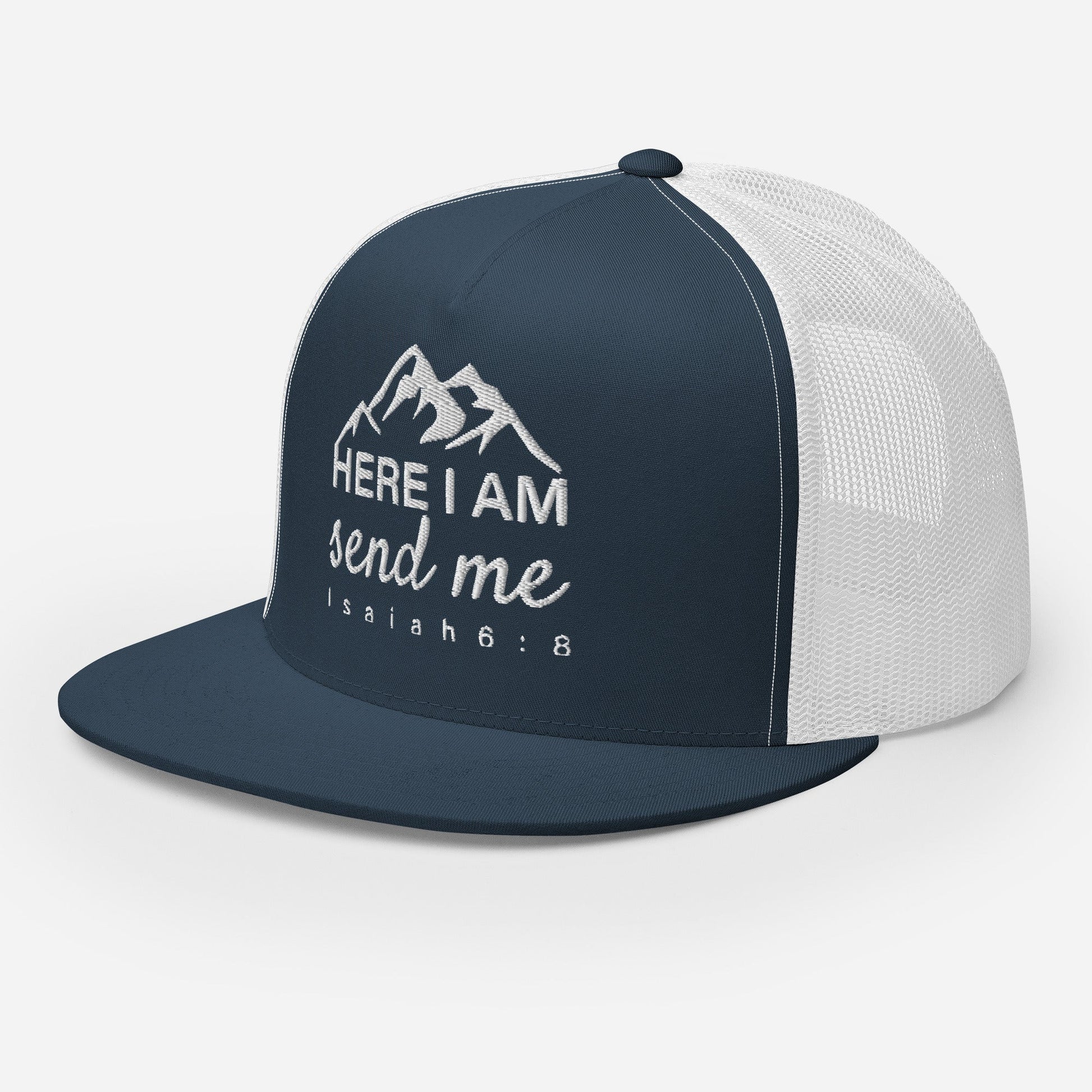 "Here I Am Send Me" Christian Hat, Bible Verse Hat, Yupoong 6006 Trucker Cap - Wellness Shine