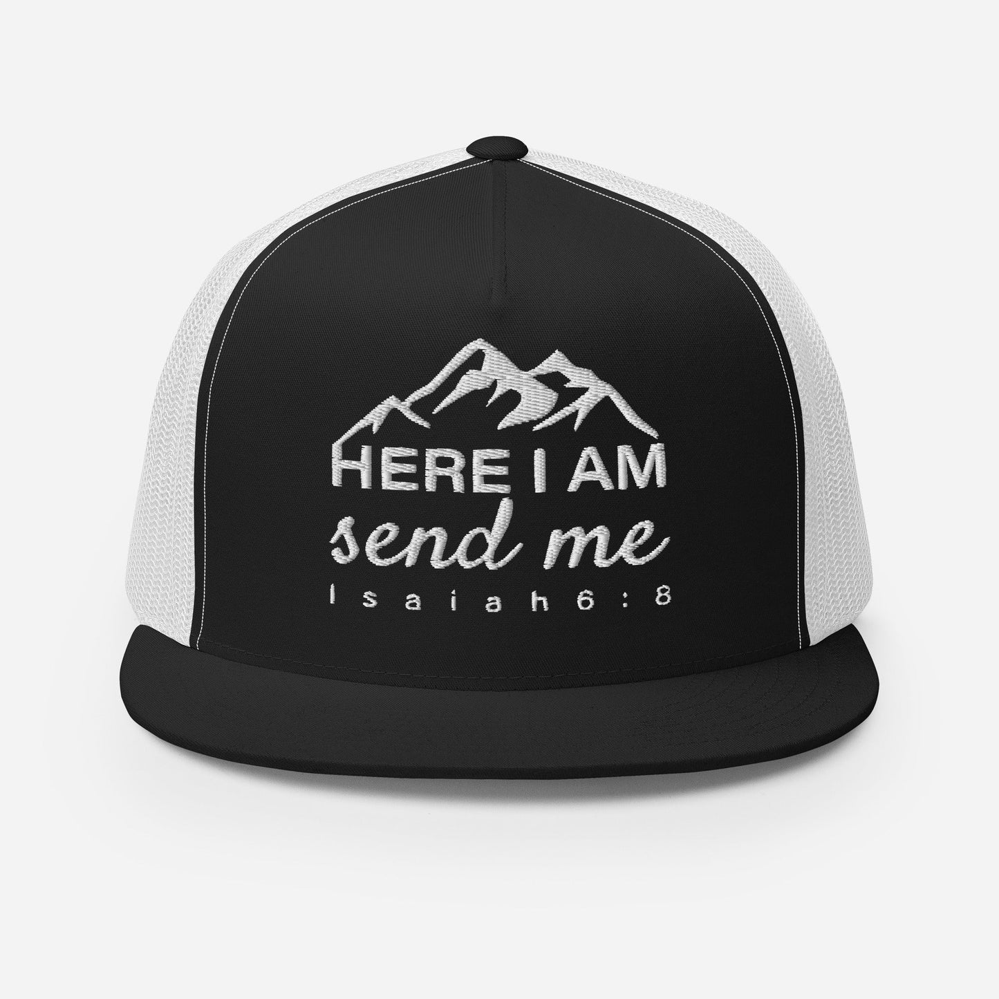 "Here I Am Send Me" Christian Hat, Bible Verse Hat, Yupoong 6006 Trucker Cap - Wellness Shine