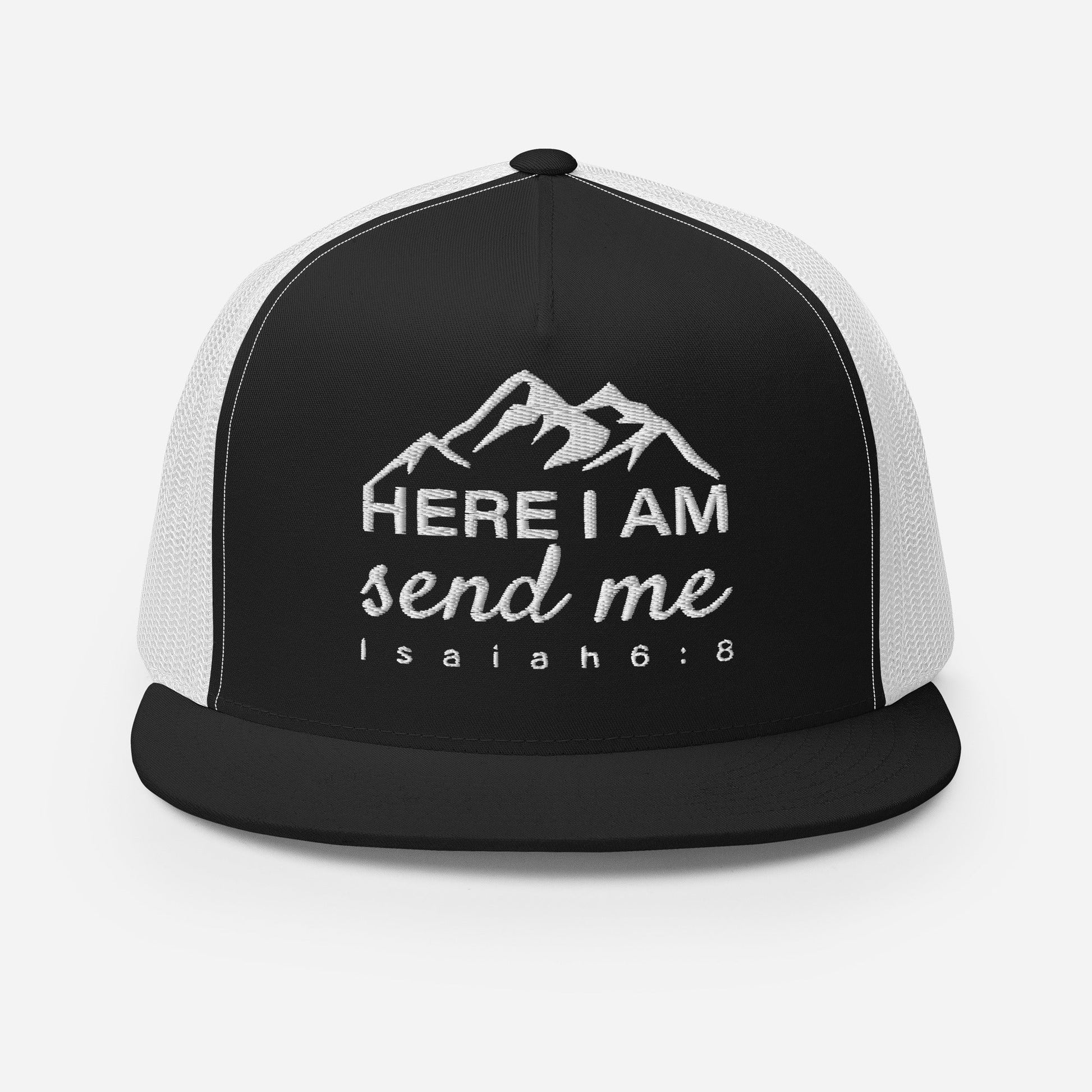 "Here I Am Send Me" Christian Hat, Bible Verse Hat, Yupoong 6006 Trucker Cap - Wellness Shine