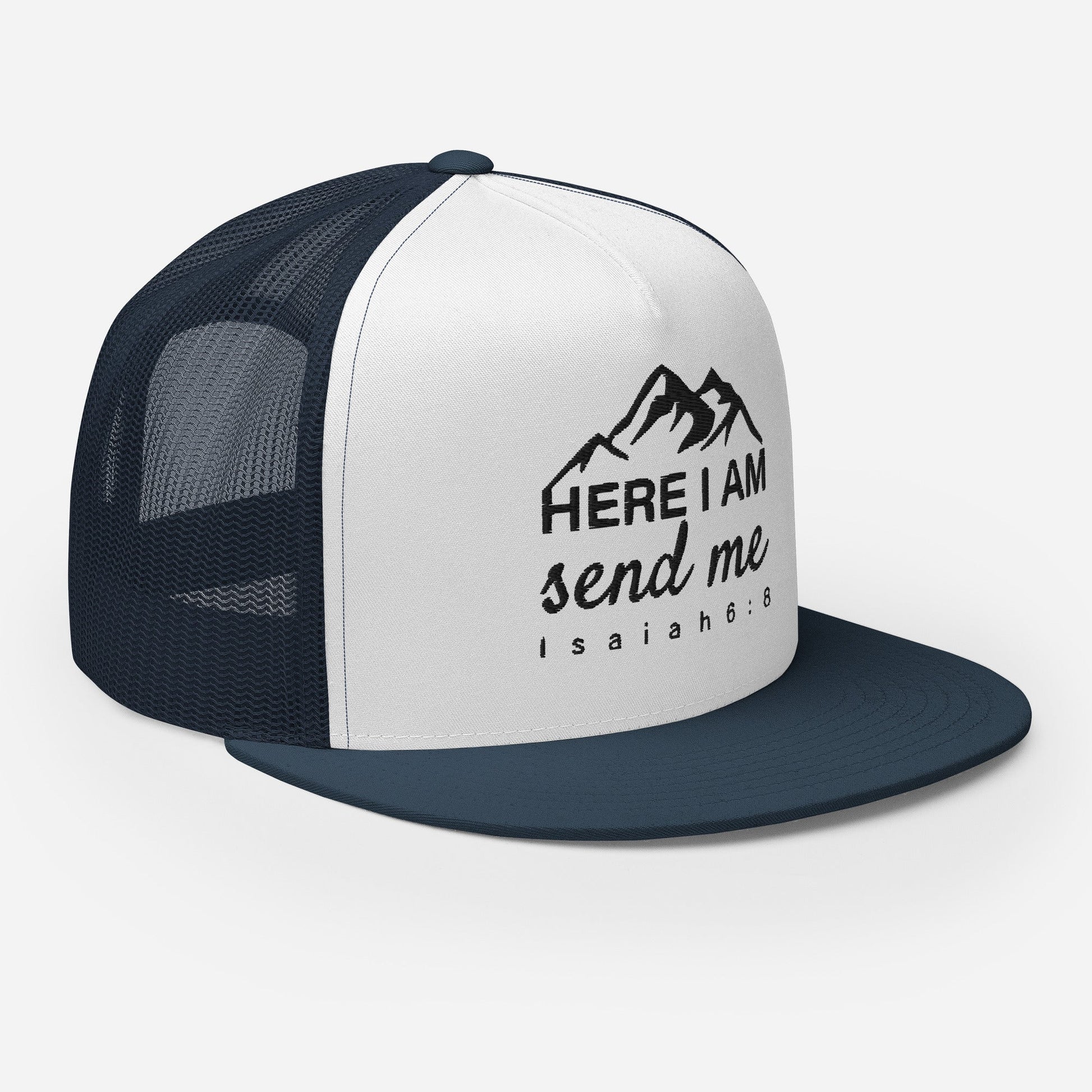 "Here I Am Send Me" Christian Hat, Bible Verse Hat, Yupoong 6006 Trucker Cap - Wellness Shine