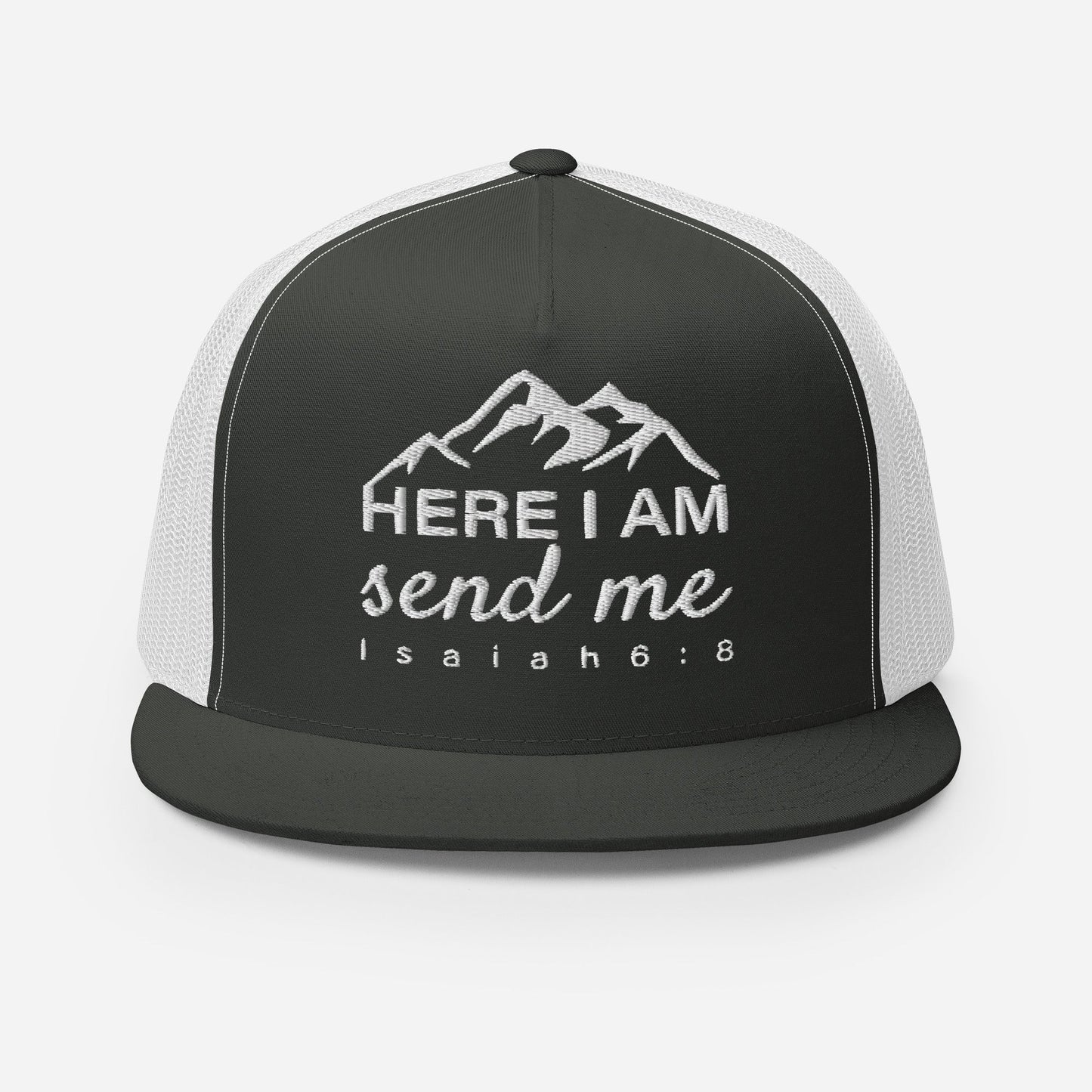 "Here I Am Send Me" Christian Hat, Bible Verse Hat, Yupoong 6006 Trucker Cap - Wellness Shine
